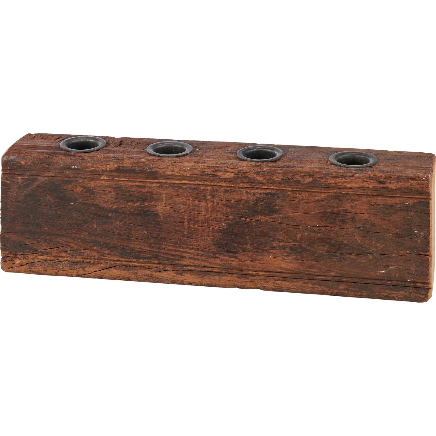 Rustic Primitive Wood Candle Holder featuring four metal slots. Aged wooden design ideal for antique-style home decor.