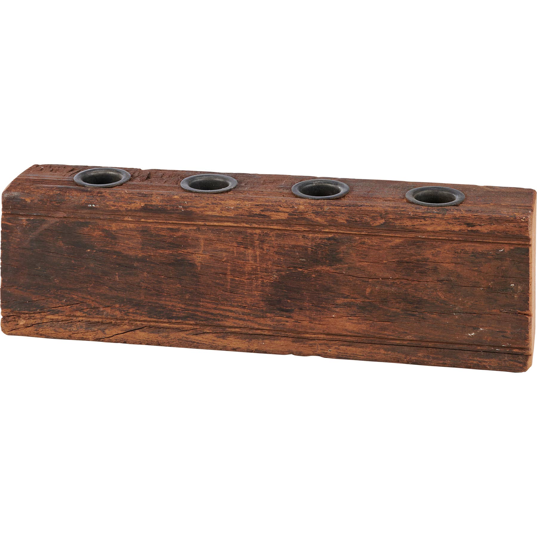 Rustic Primitive Wood Candle Holder featuring four metal slots. Aged wooden design ideal for antique-style home decor.