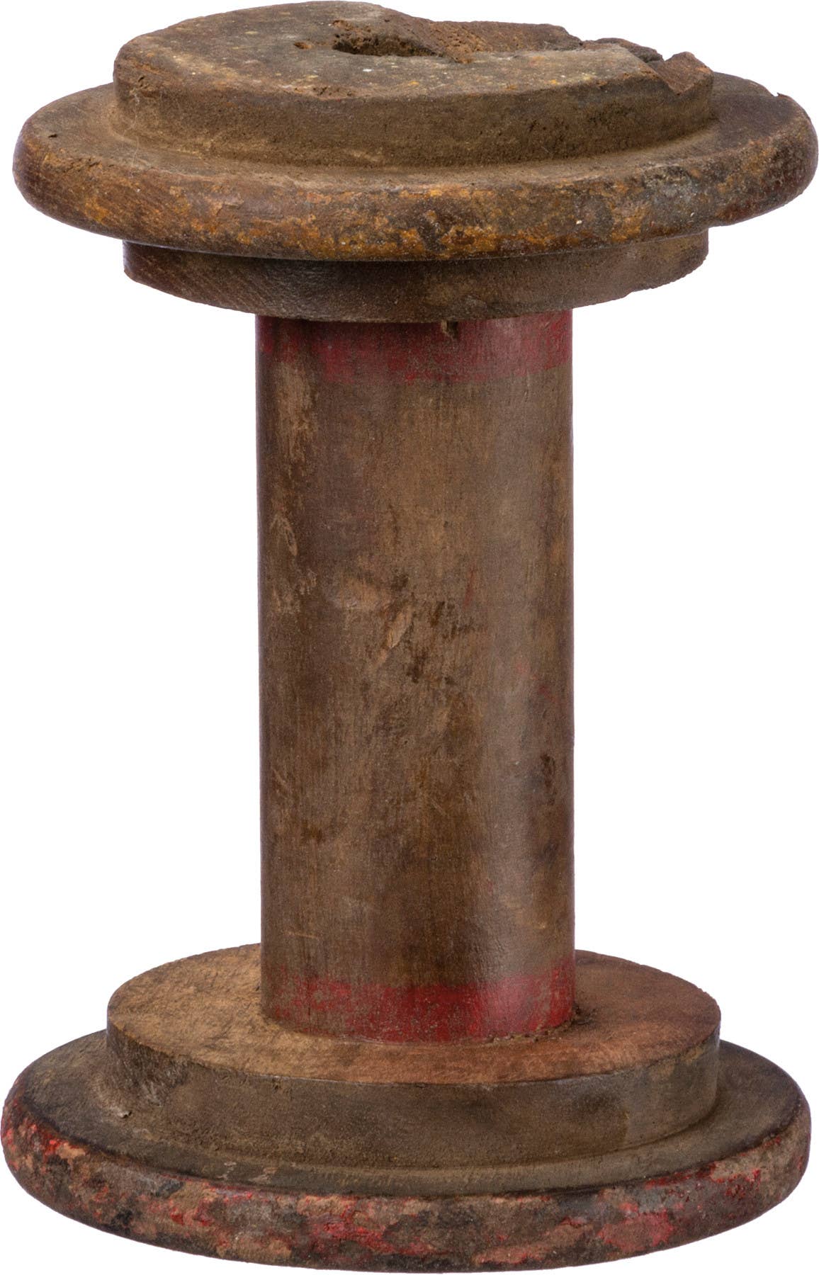 Antique wooden spool with a rustic finish, featuring red accents. A unique decorative accent for home decor, crafted from recycled materials.