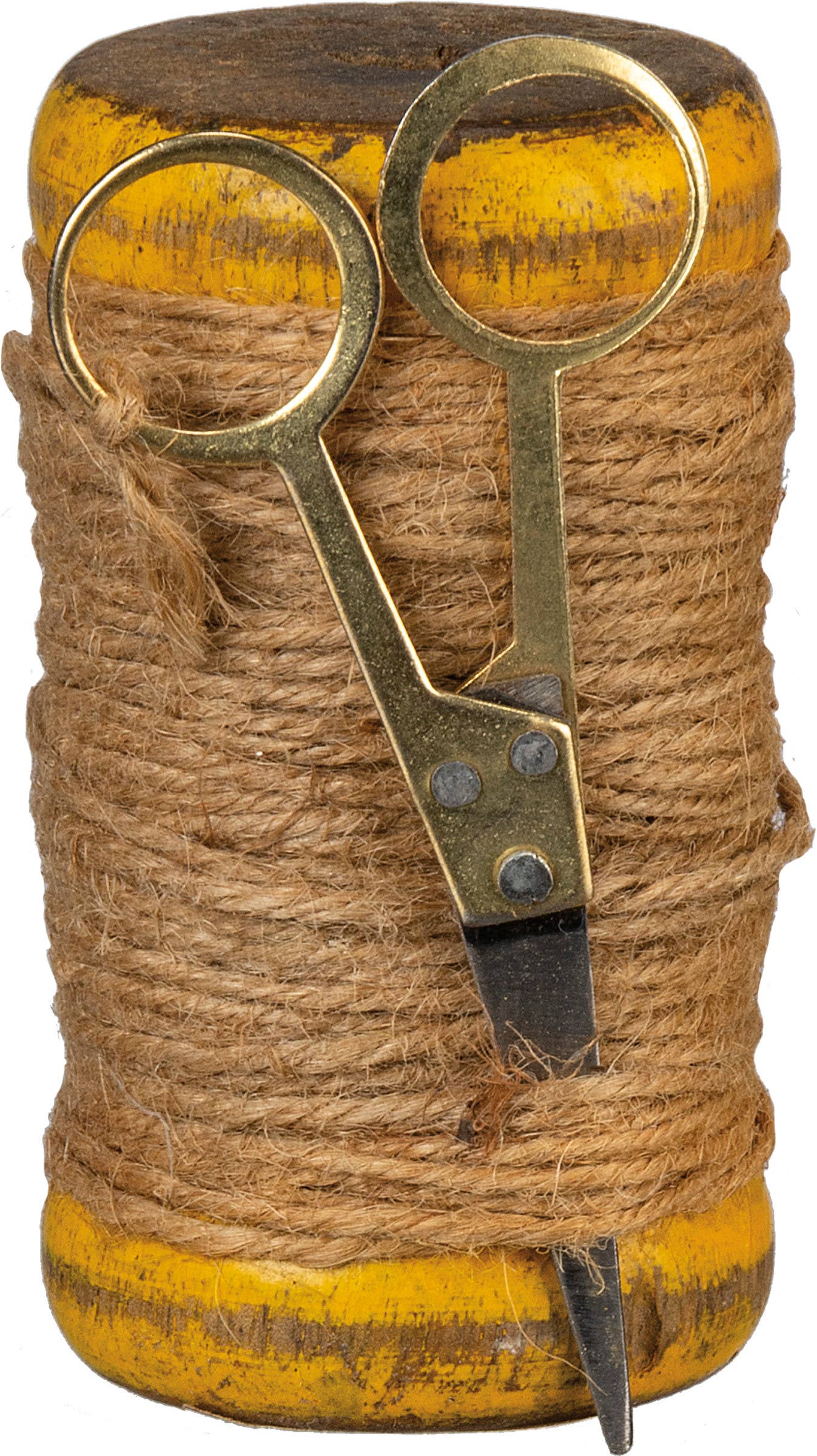 Antique twine spool decor with distressed yellow wooden ends and rustic twine wrapped around it. A unique home accent with vintage-style scissors attached.