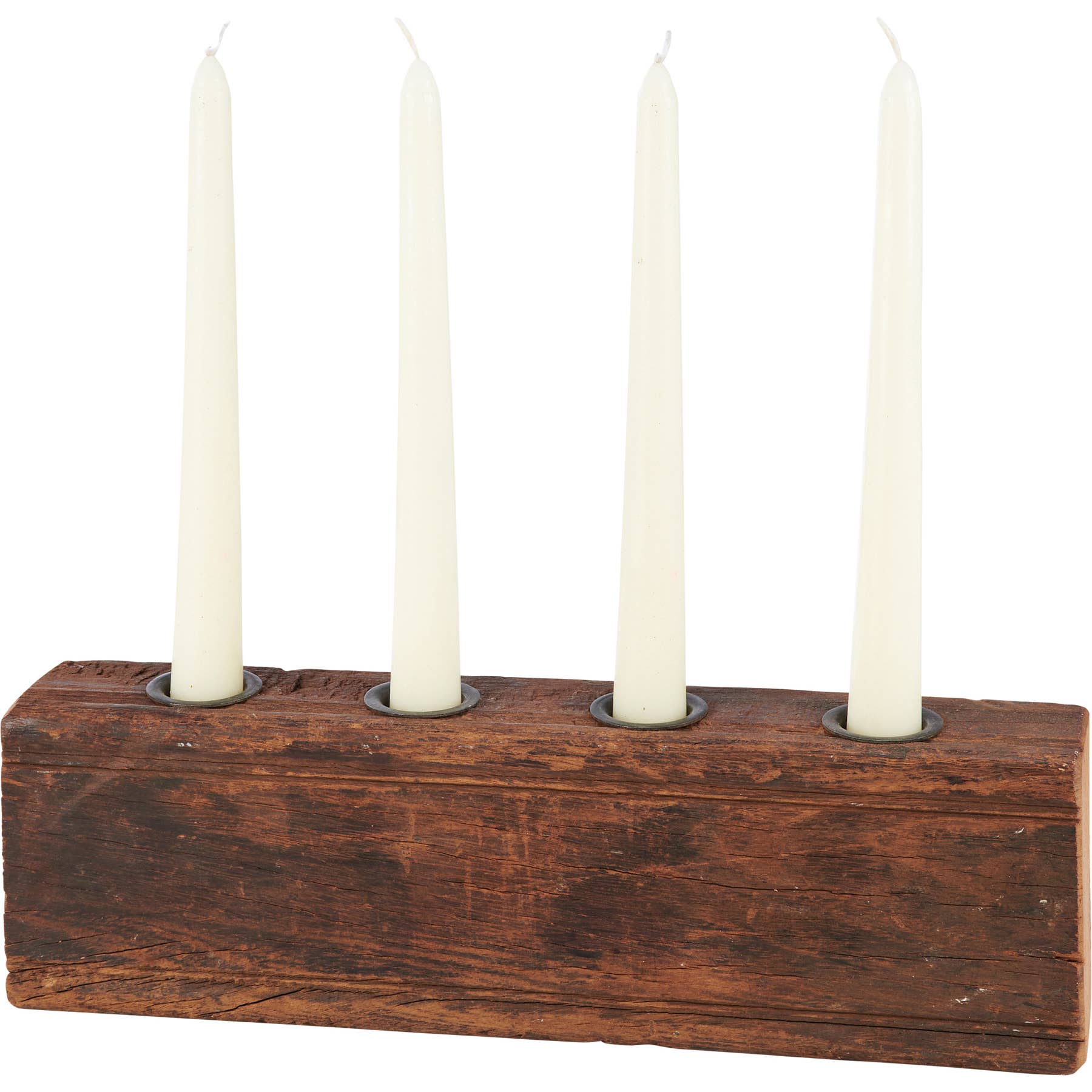 Primitive Wood Candle Holder with four metal slots and white taper candles. Rustic antique-style wooden base for vintage home decor.