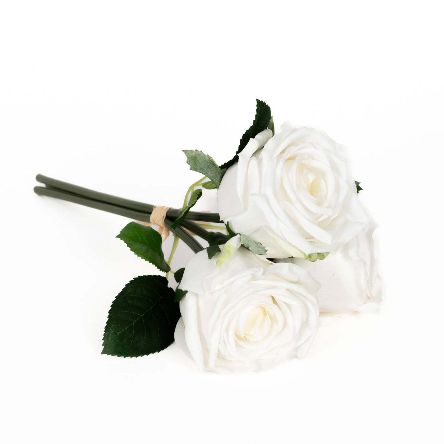 Artificial Real Touch Eden Rose Bouquet with three realistic white roses and lush green foliage. A 12-inch decorative floral piece ideal for home or event decor.