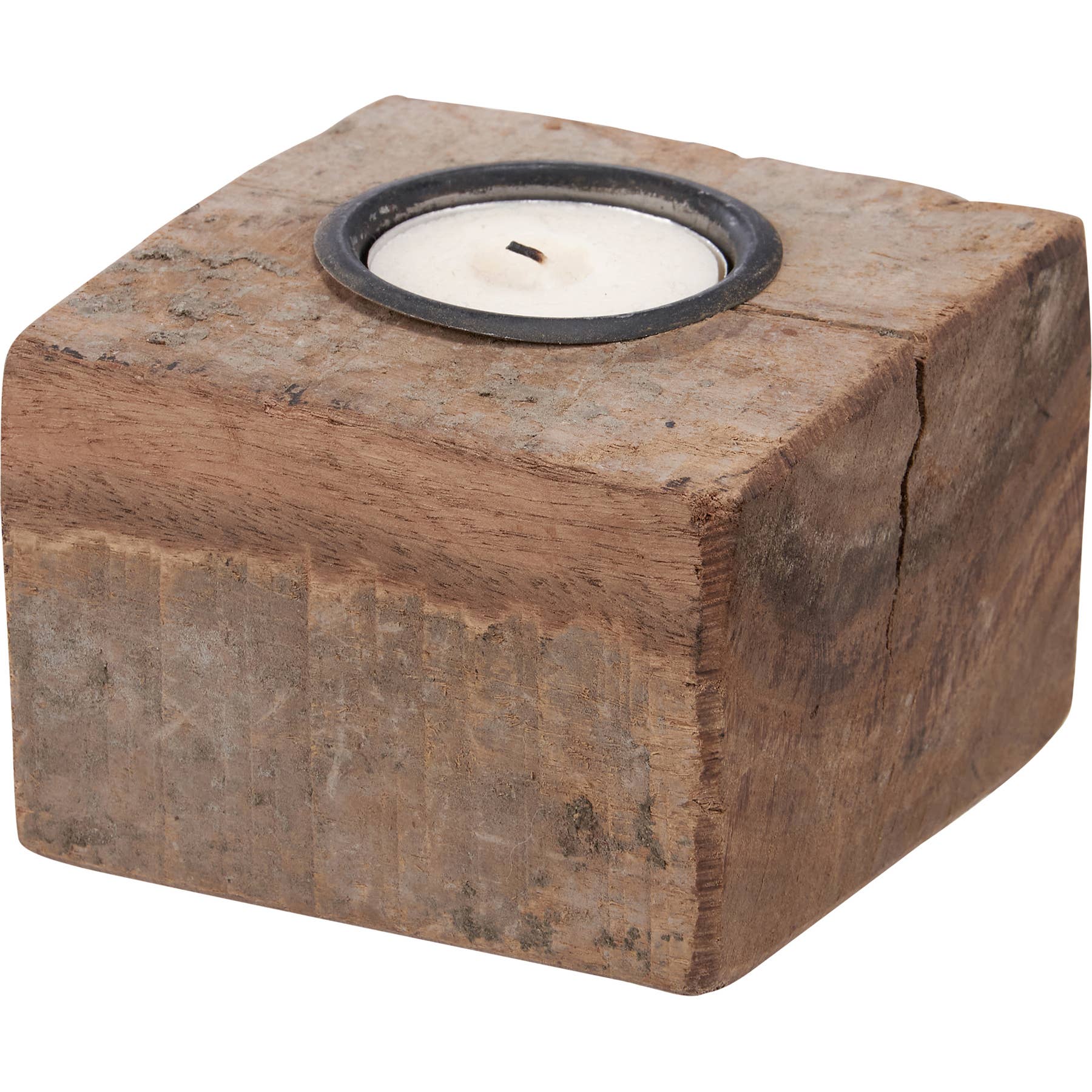 Rustic square wood block candle holder with a tealight. Handcrafted from reclaimed wood with a recycled metal insert, ideal for cozy home decor.