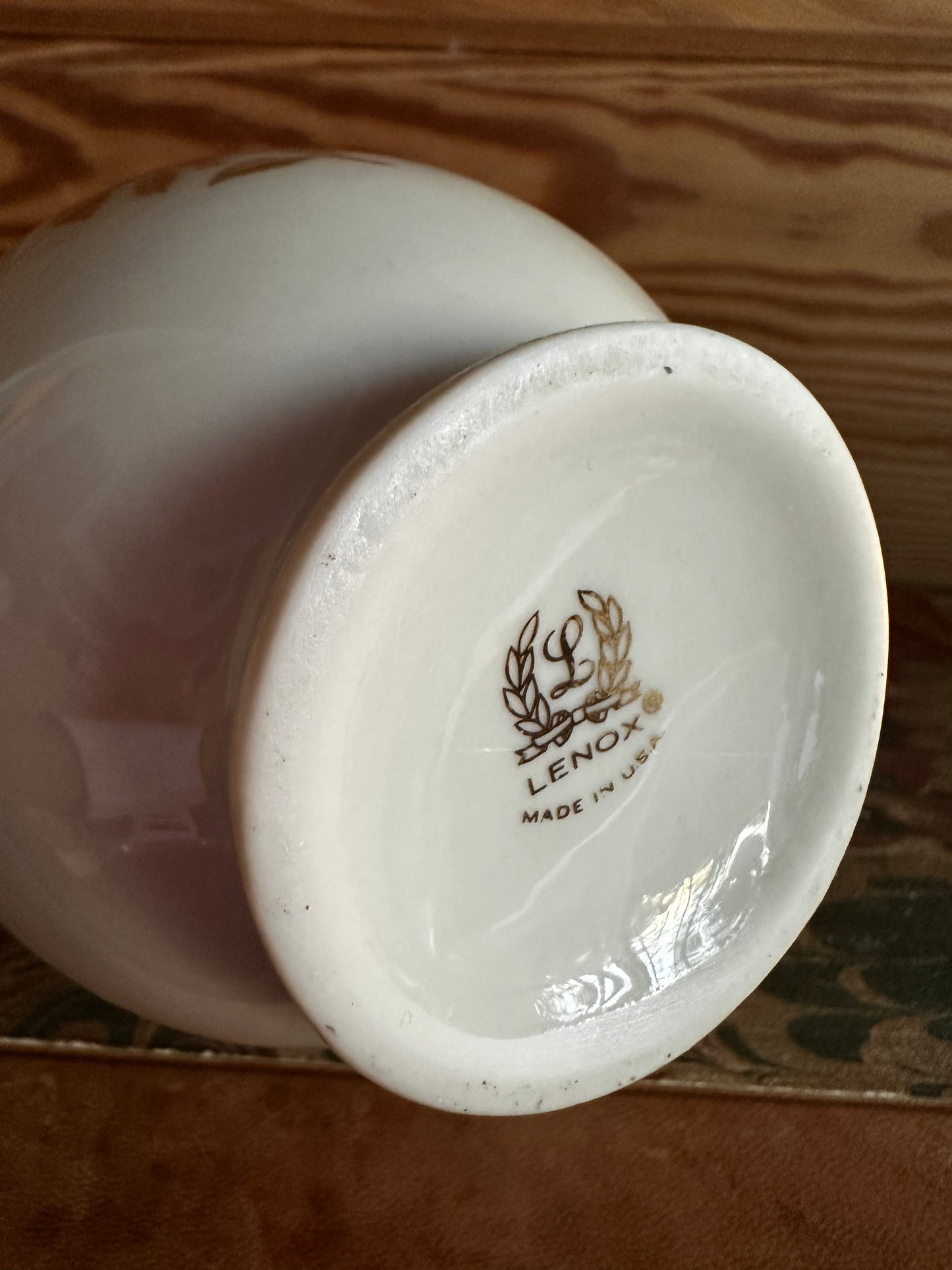 Close-up of the Vintage Lenox Rhodora Vase base, showcasing the Lenox hallmark and 'Made in USA' stamp, highlighting its authenticity.