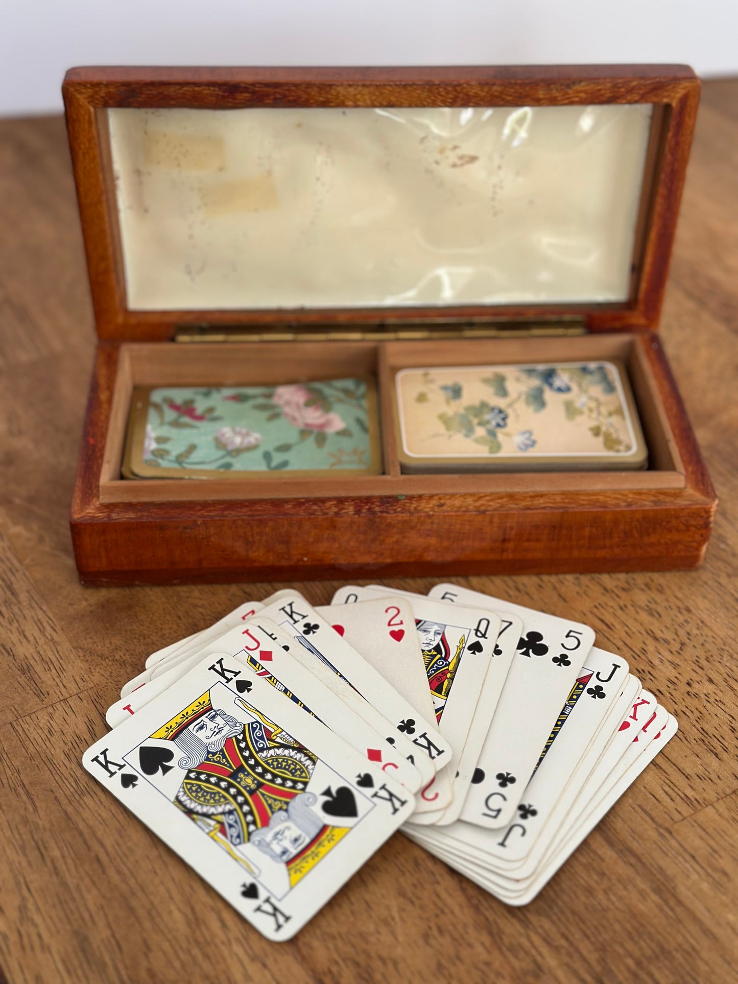 Vintage Wooden Box With Bridge Playing Cards