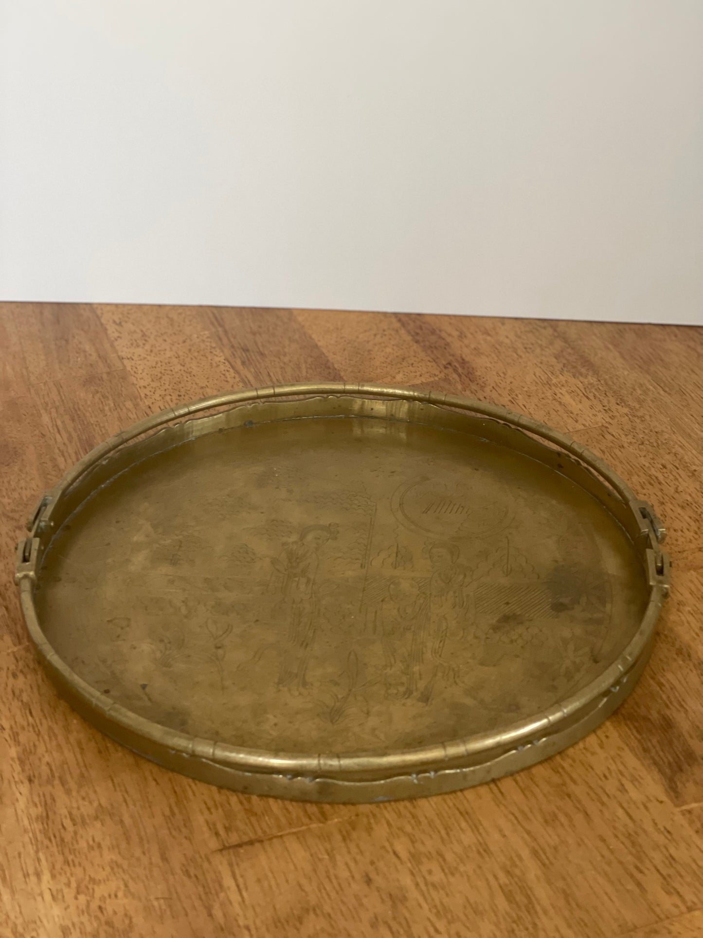 Vintage Round Brass Serving Tray With Handles