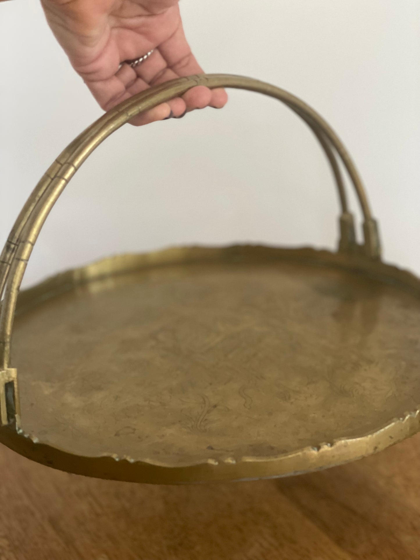 Vintage Round Brass Serving Tray With Handles
