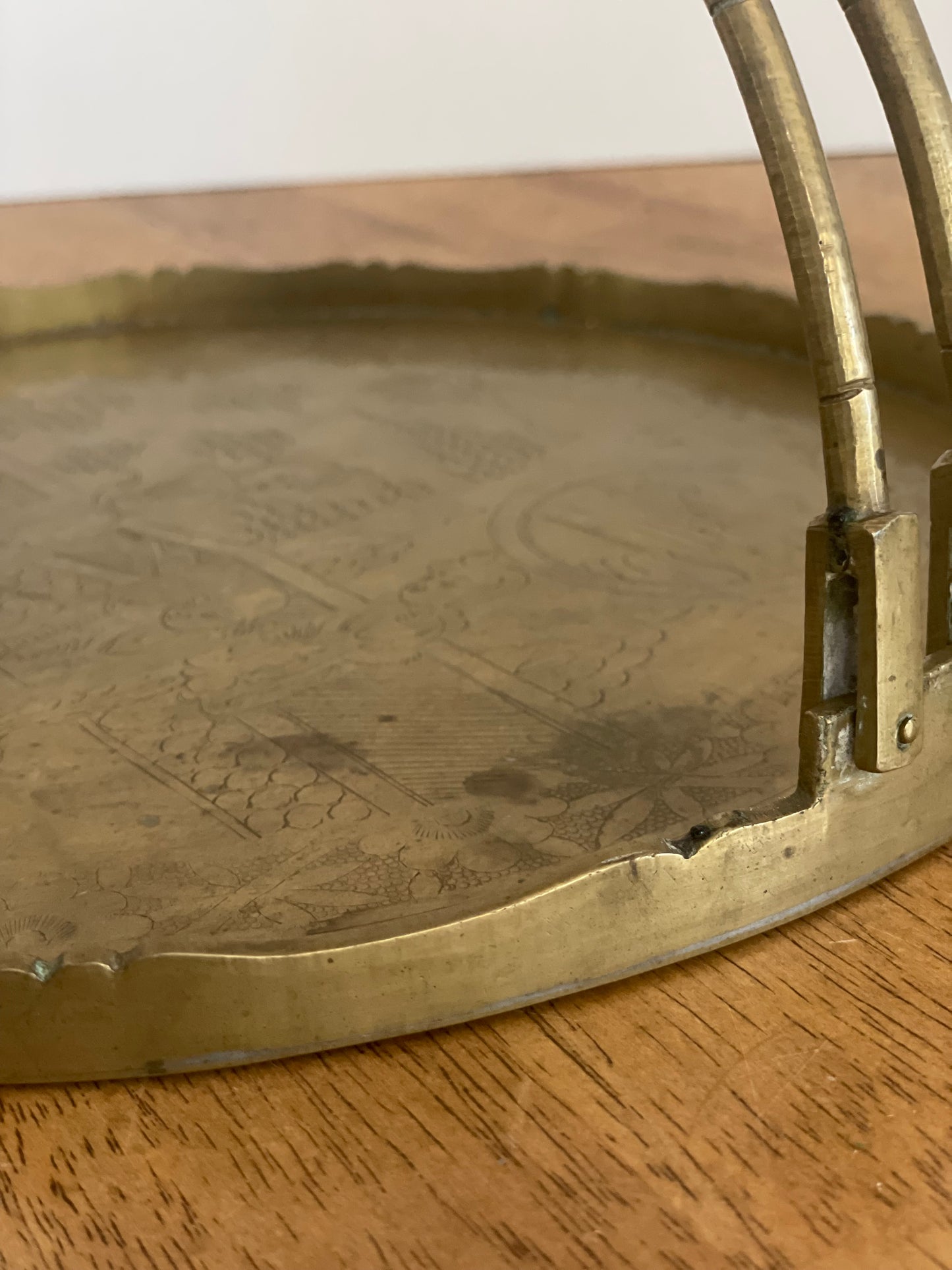 Vintage Round Brass Serving Tray With Handles
