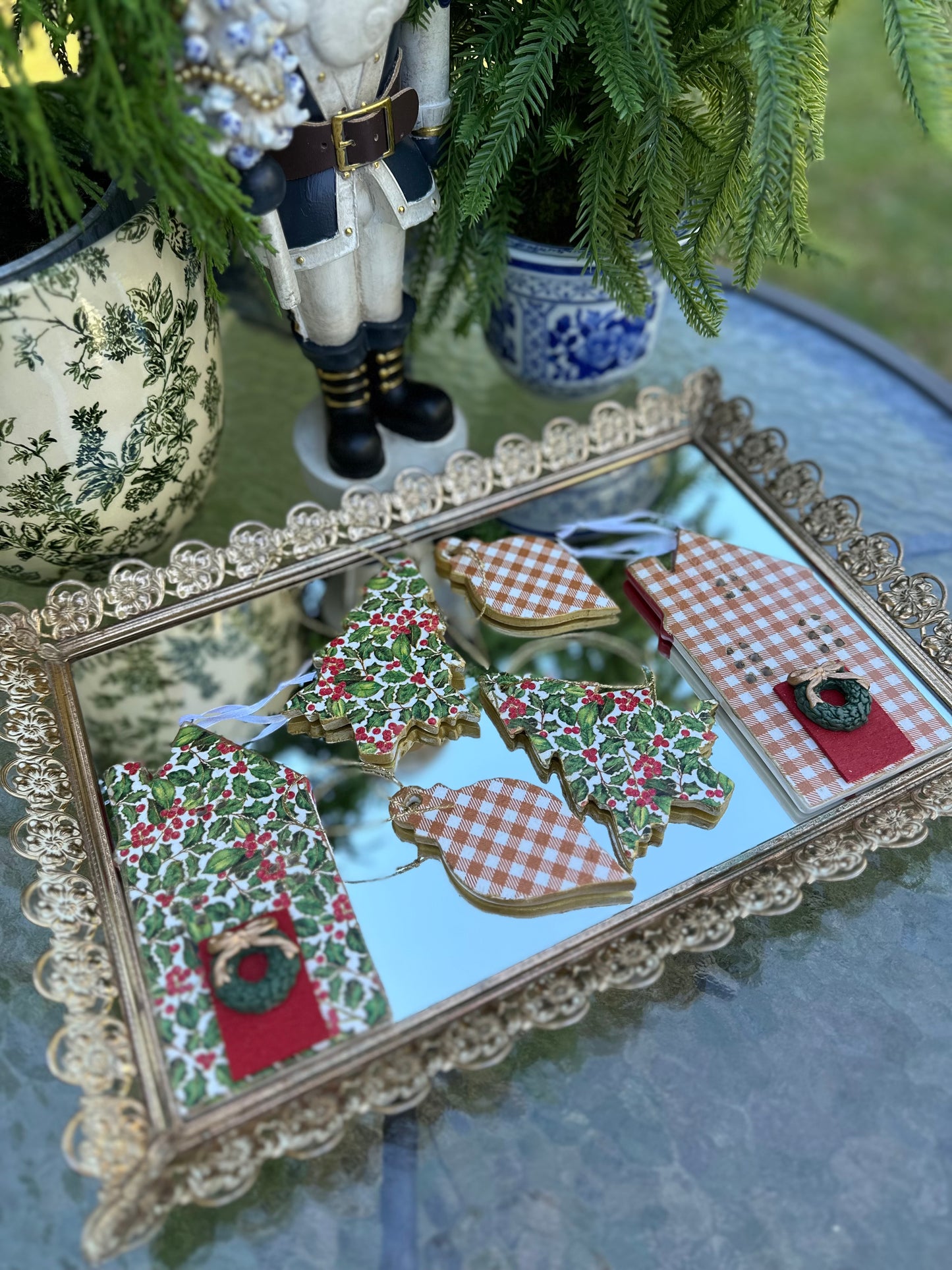 Handmade Holly & Gingham Christmas Ornament Set (6)