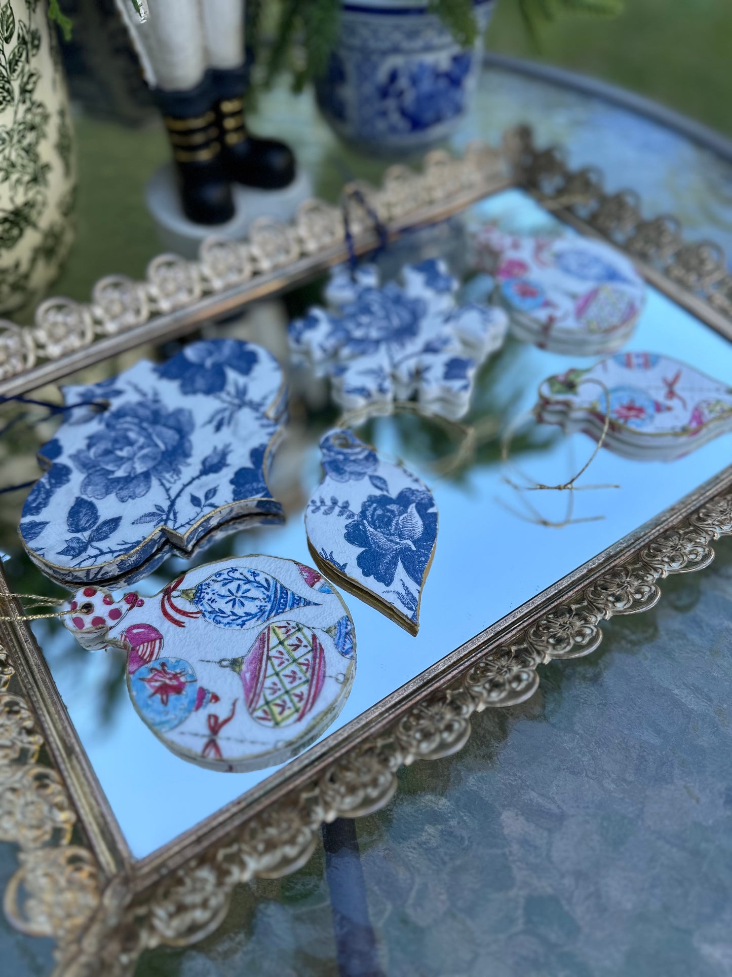 Handmade Blue Floral Christmas Ornament Set (6)