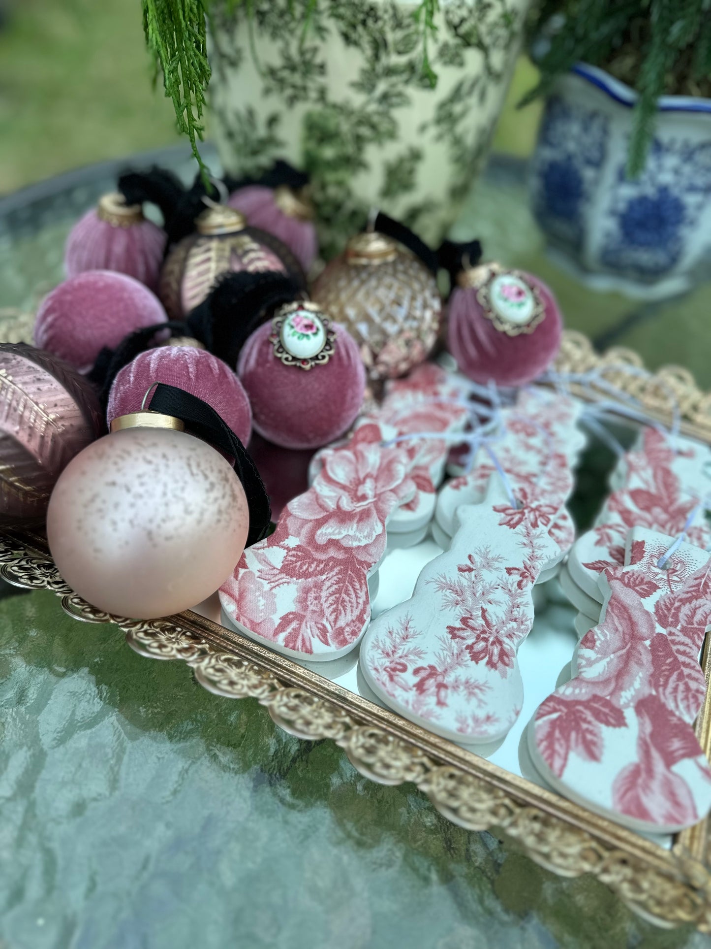 16 Pc Handmade Mauve Christmas Ornament Collection