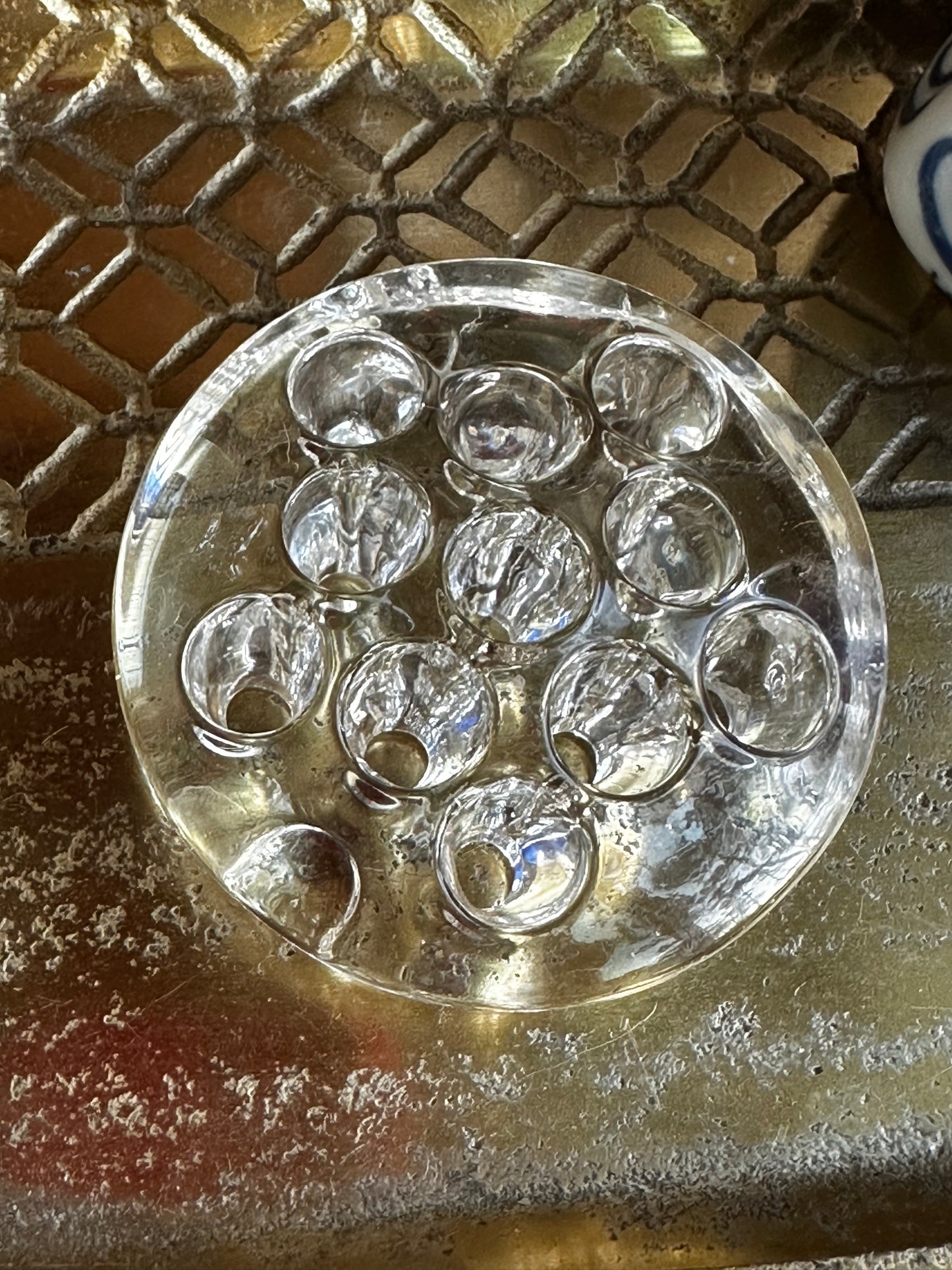Vintage Glass Flower Frog with a 3-inch sturdy design, featuring multiple evenly spaced holes for floral arrangements. A charming home decor piece.