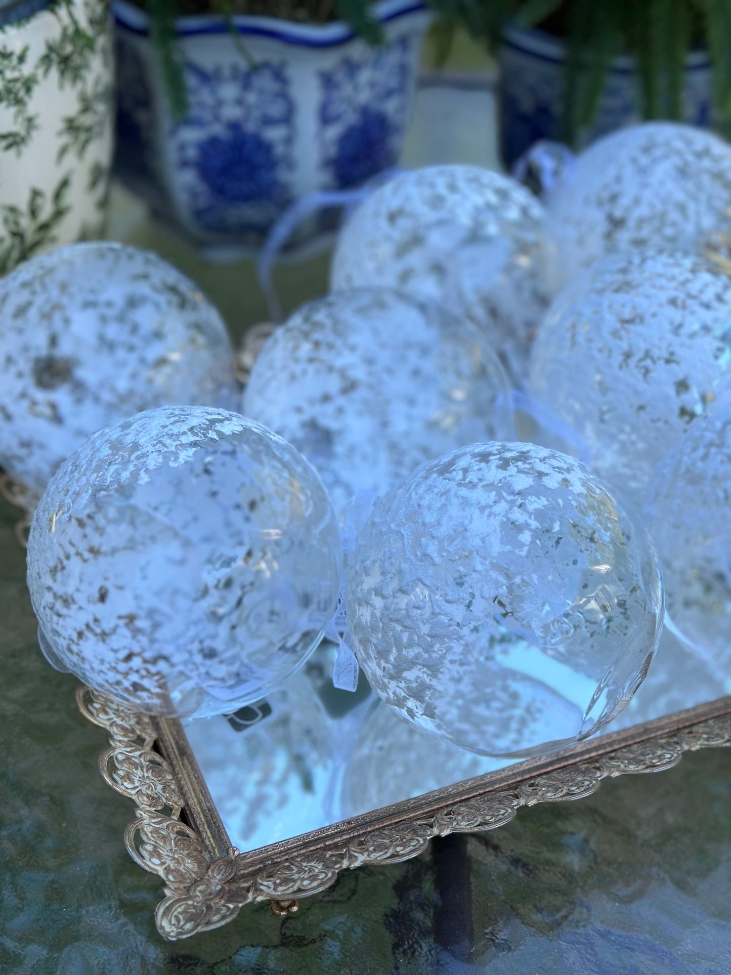 4" White Snowed Glass Ball Ornaments