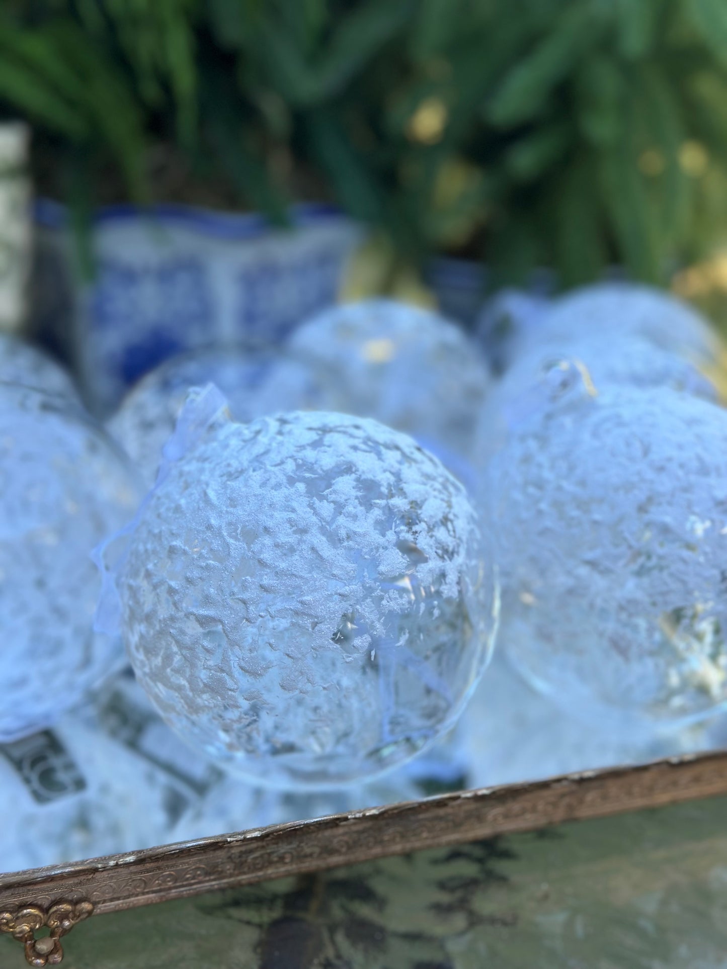 4" White Snowed Glass Ball Ornaments