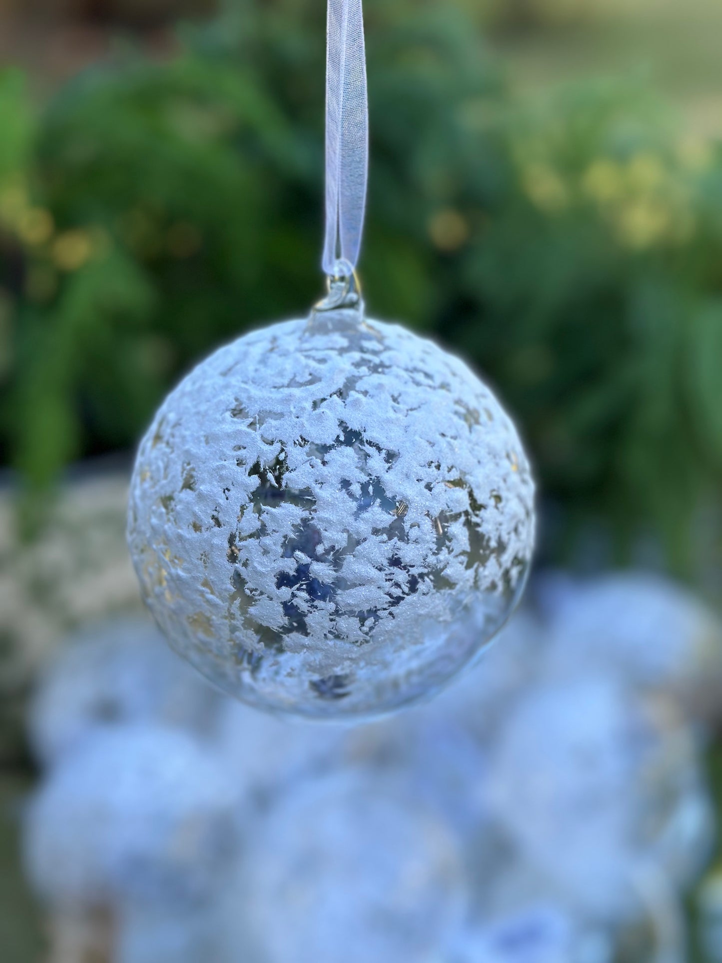 4" White Snowed Glass Ball Ornaments