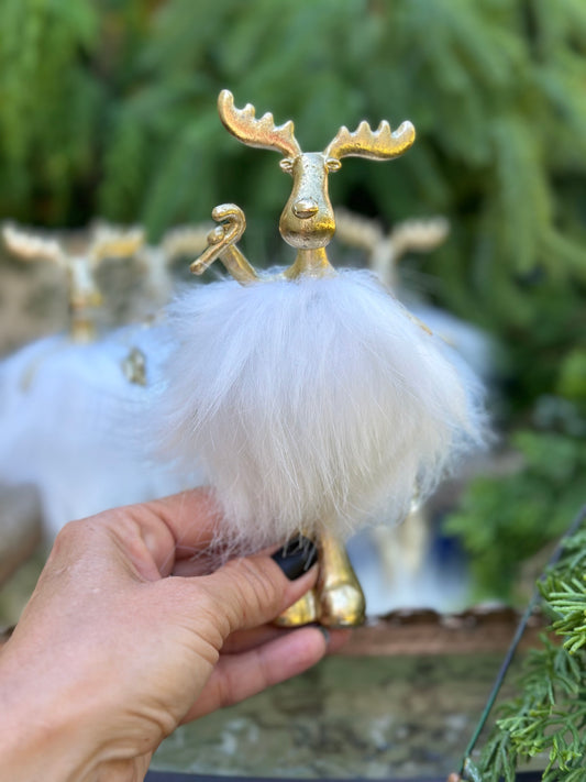 Decorative Gold Furry Moose Figurine-Candy Cane