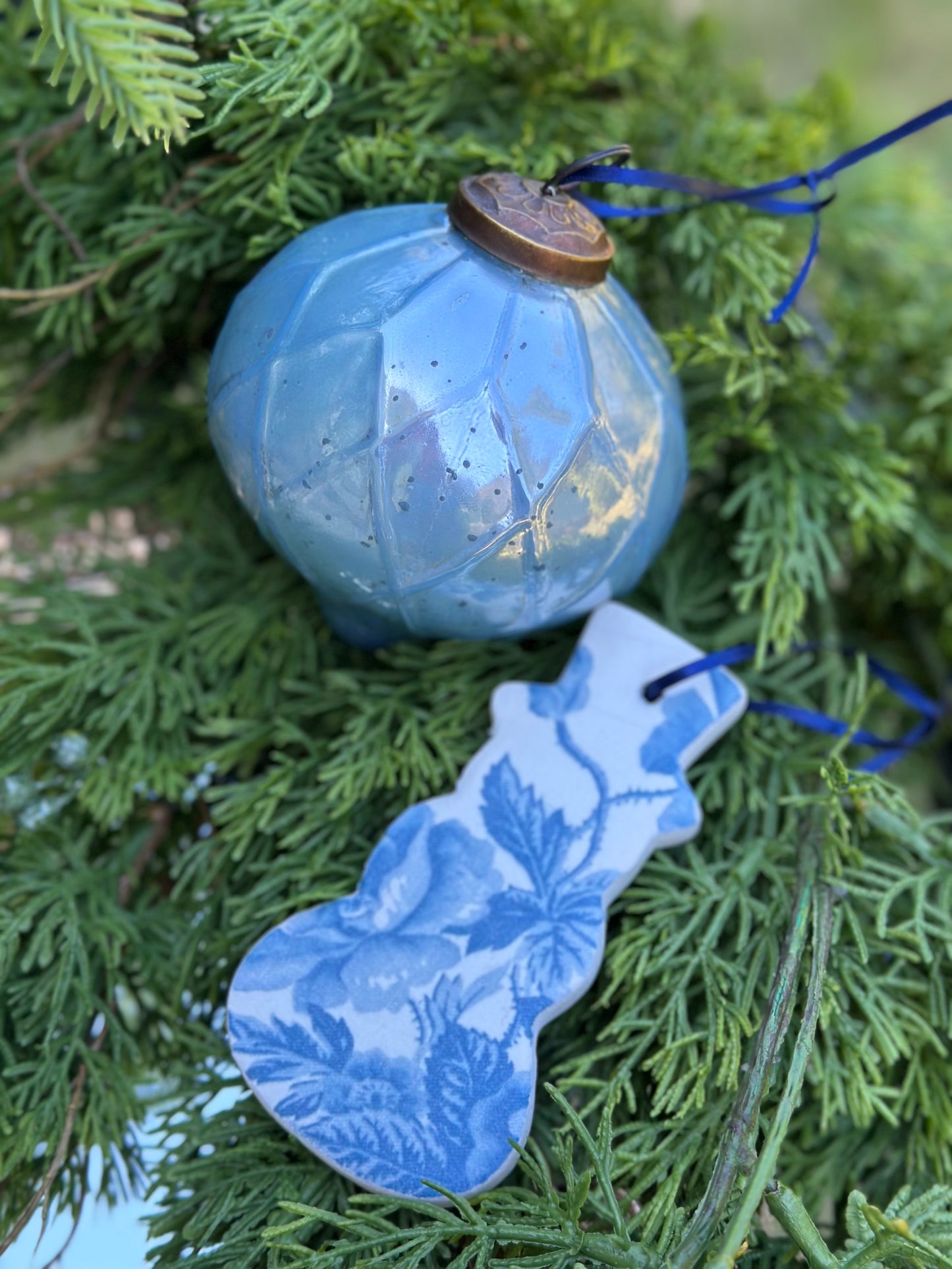 Blue Glass & Handmade Snowmen Christmas Ornaments (6)