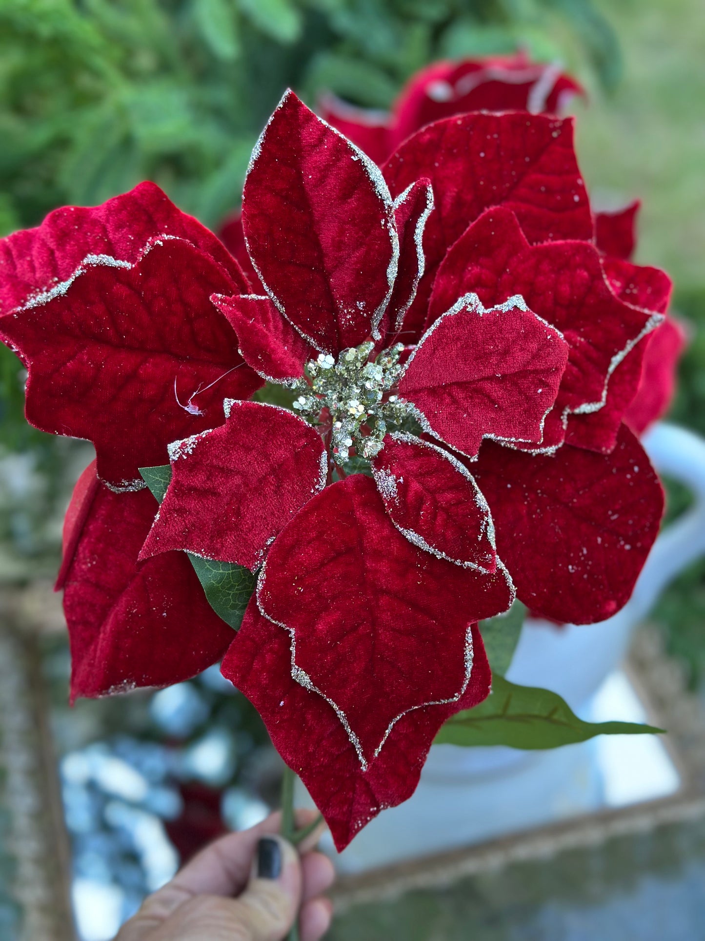 18" Red Glitter Velvet Poinsettia Spray