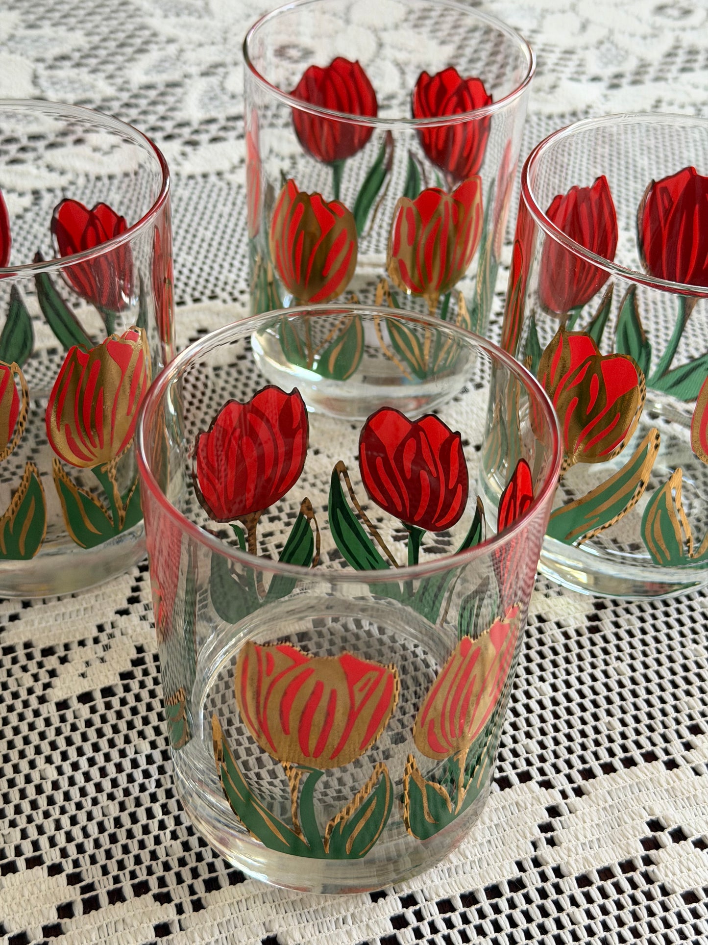 Vintage MCM Culver Iris Cinnabar Tulip Glass Set