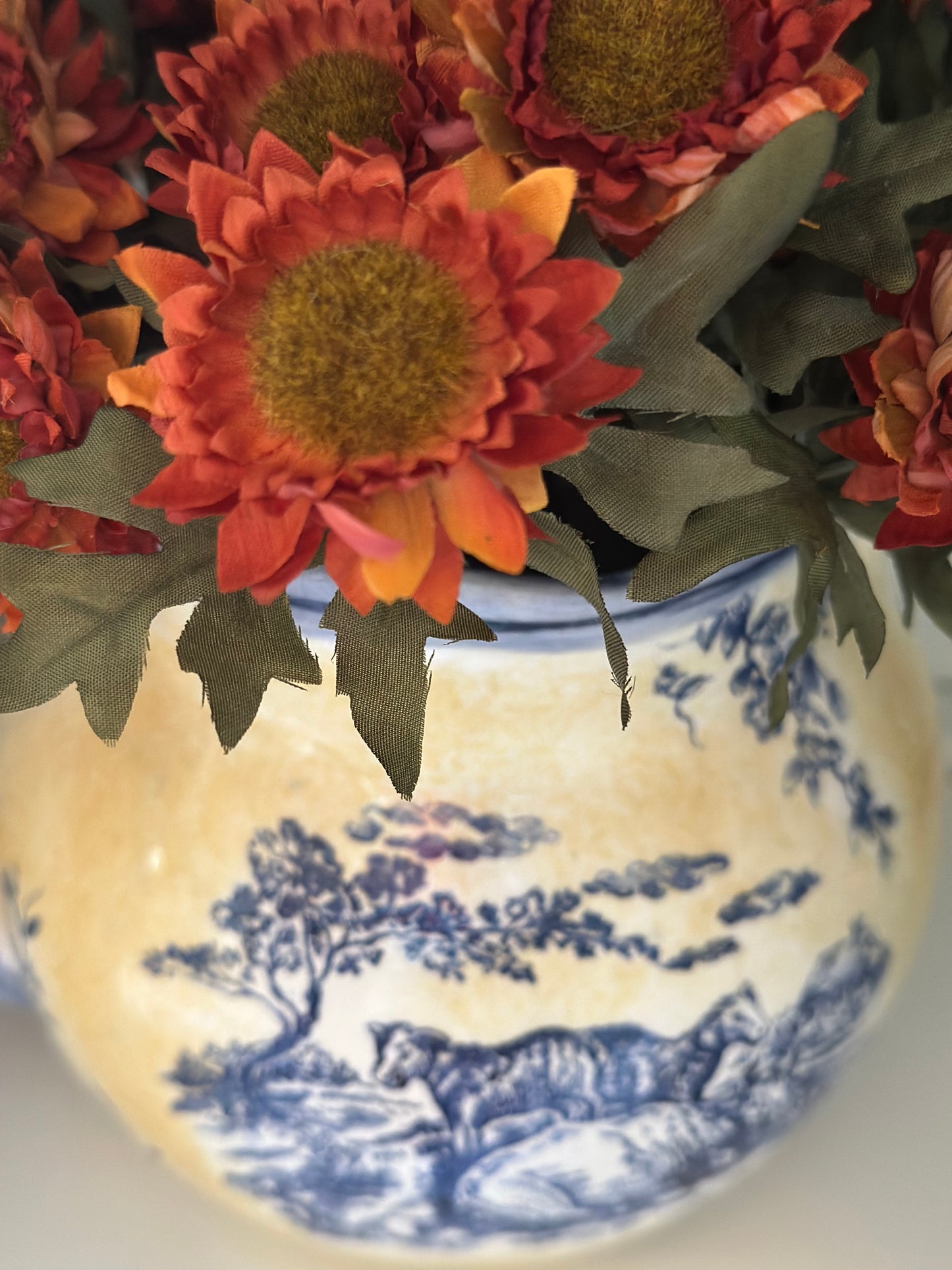 Vintage Blue/Yellow Ceramic Toile Pitcher