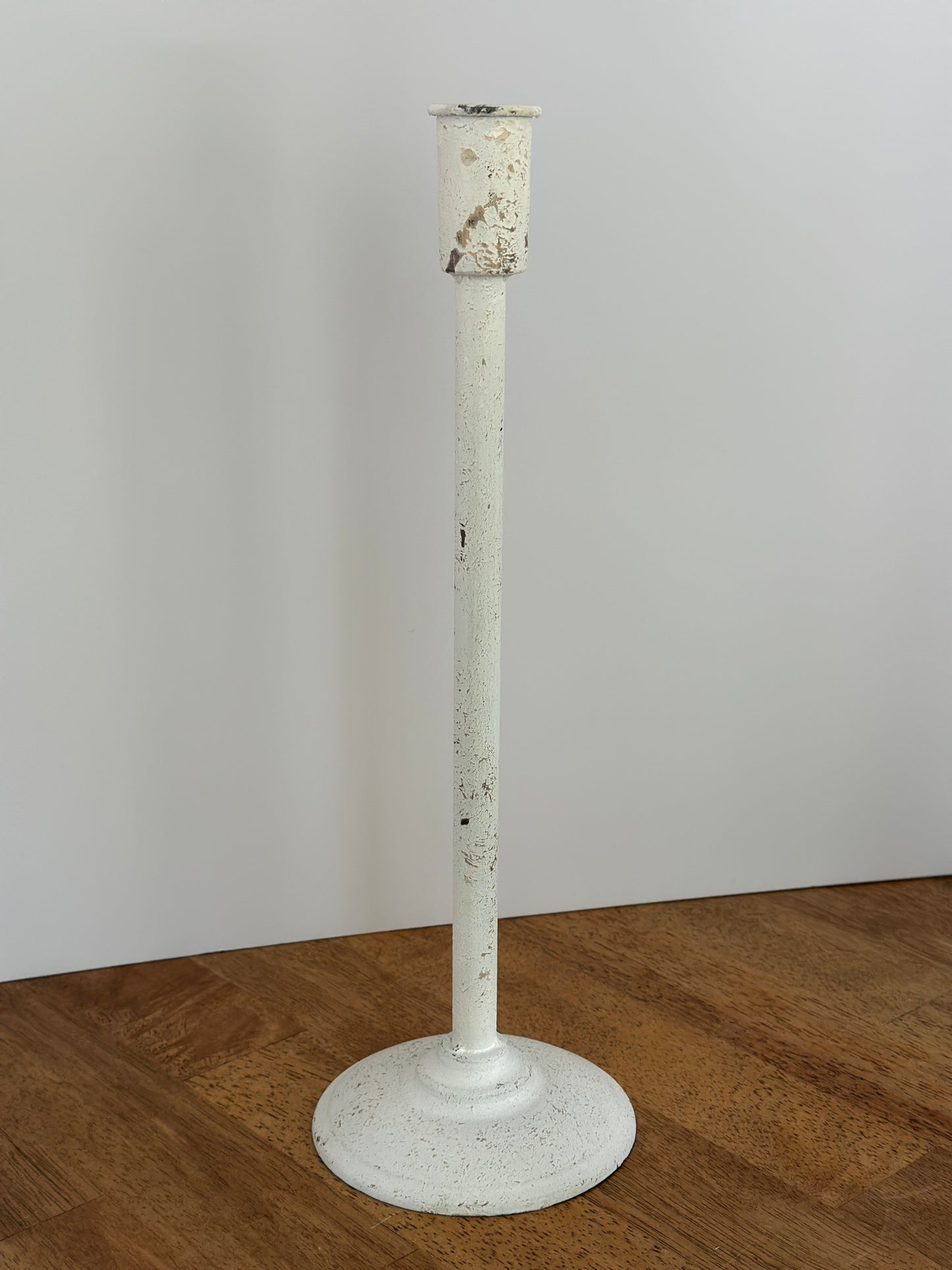 14" White Distressed Metal Taper Candle Holder