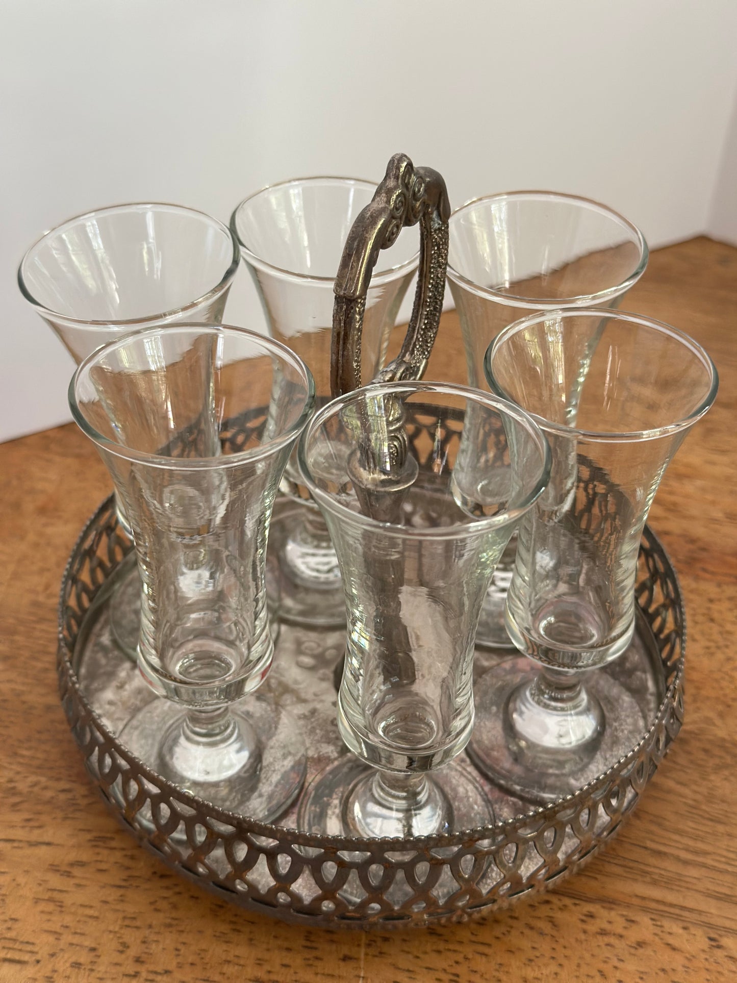 Vintage Silver Tray & 6 Stemmed Sherry Shot Glasses