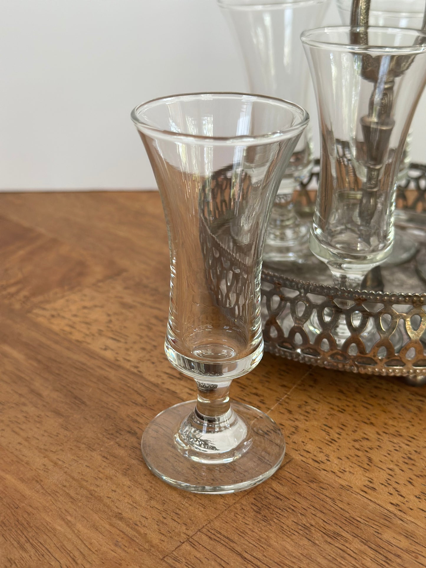Vintage Silver Tray & 6 Stemmed Sherry Shot Glasses