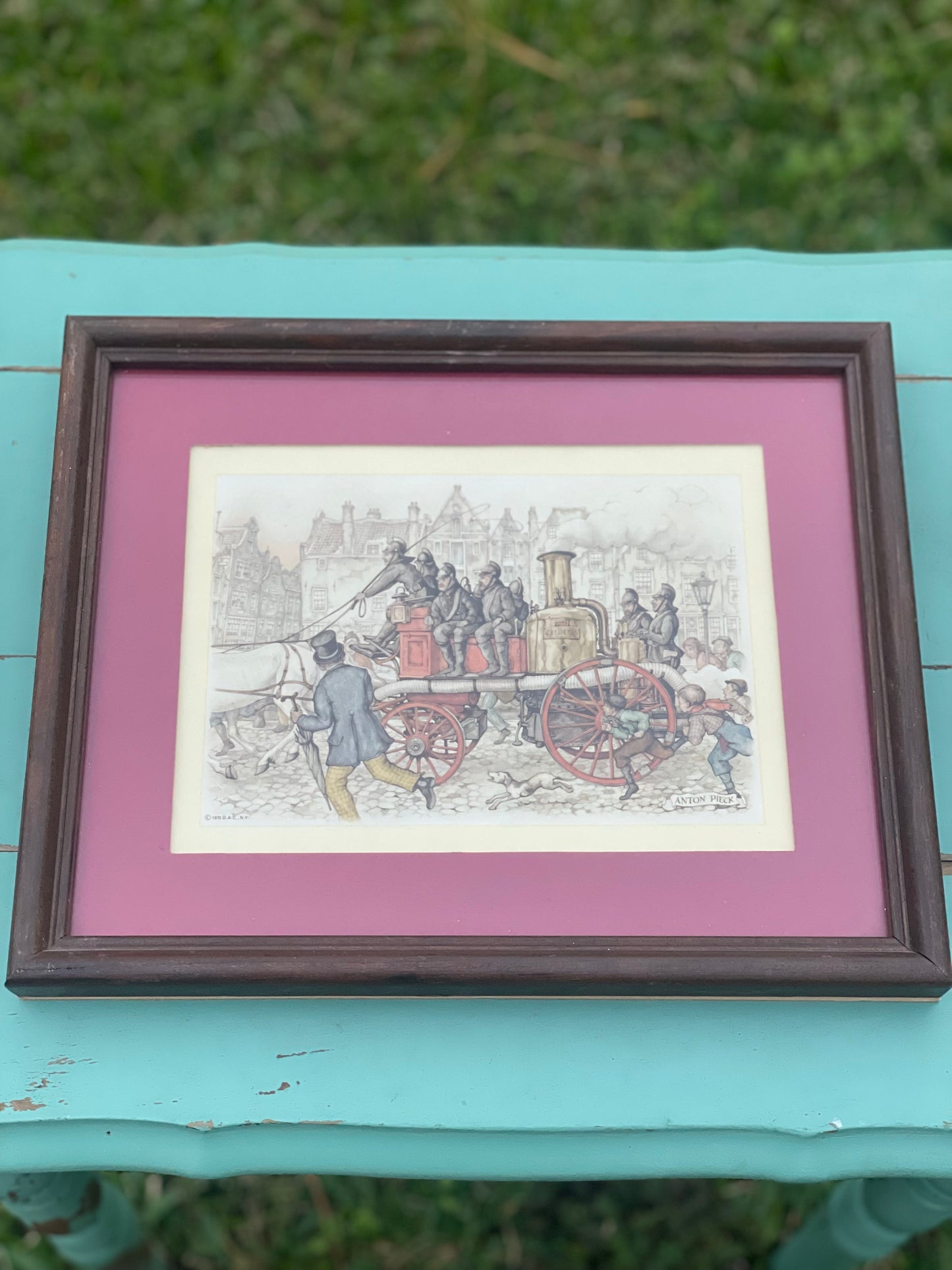 Anton Pieck framed print capturing a historical horse-drawn carriage scene in a European city. A classic addition to any art collection.
