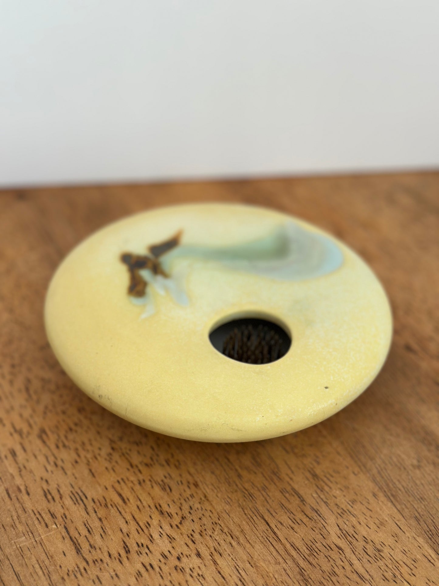 Flat Round Pale Yellow Ikebana Pottery Flower Frog