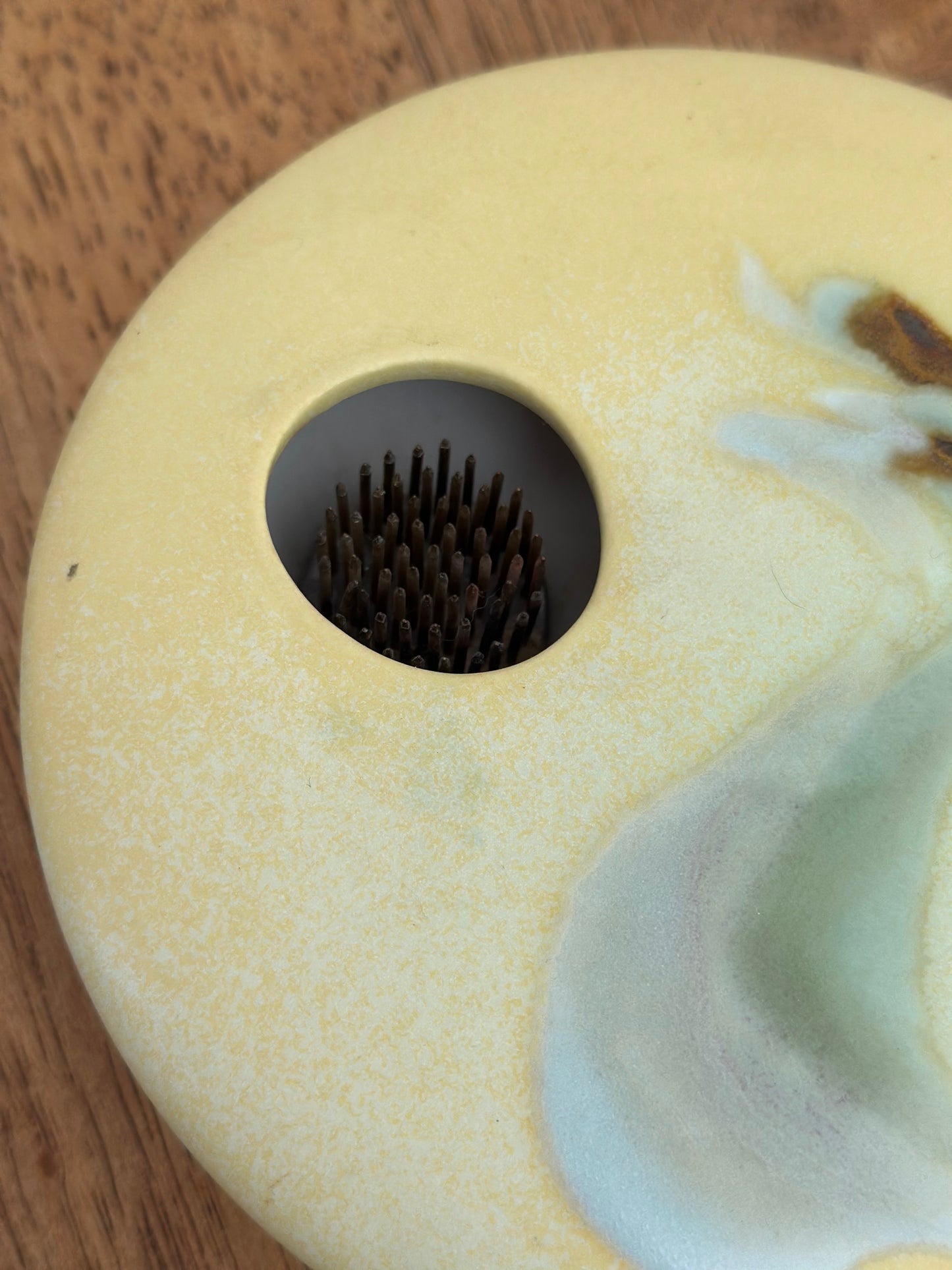 Flat Round Pale Yellow Ikebana Pottery Flower Frog
