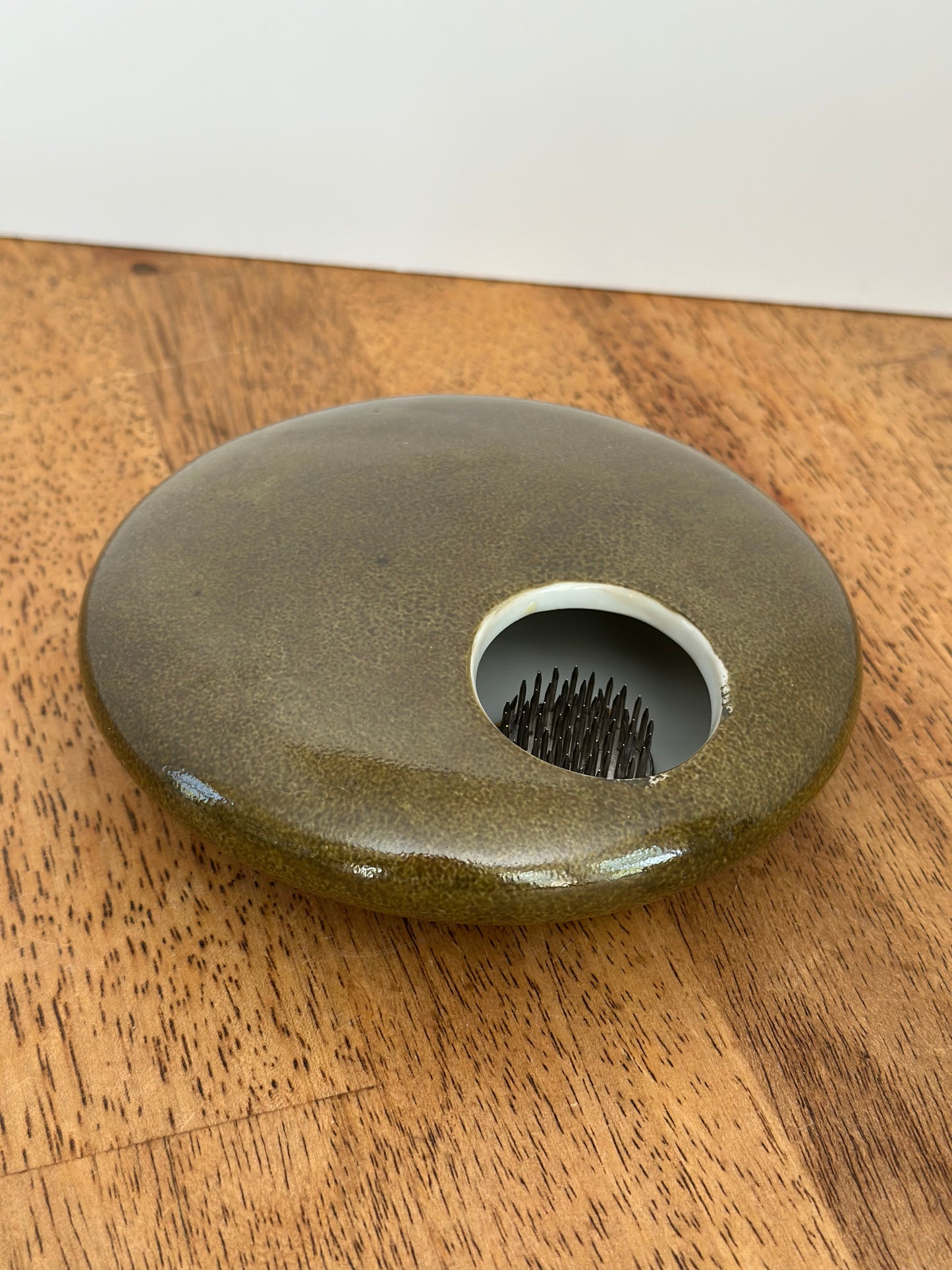 Flat Round Olive Green Ikebana Ceramic Flower Frog
