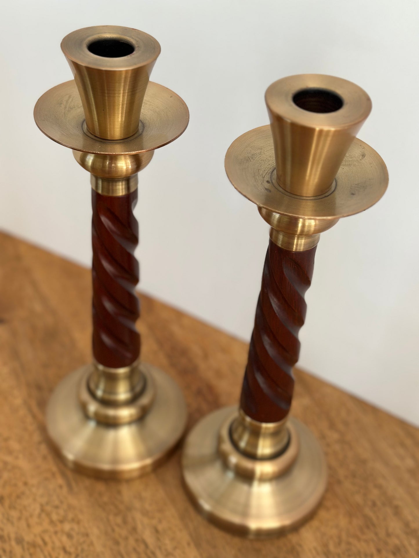 12" Wood/Brass Taper Candle Holders (2)