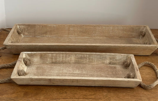 Wooden Trays With Jute Handles Set (2)