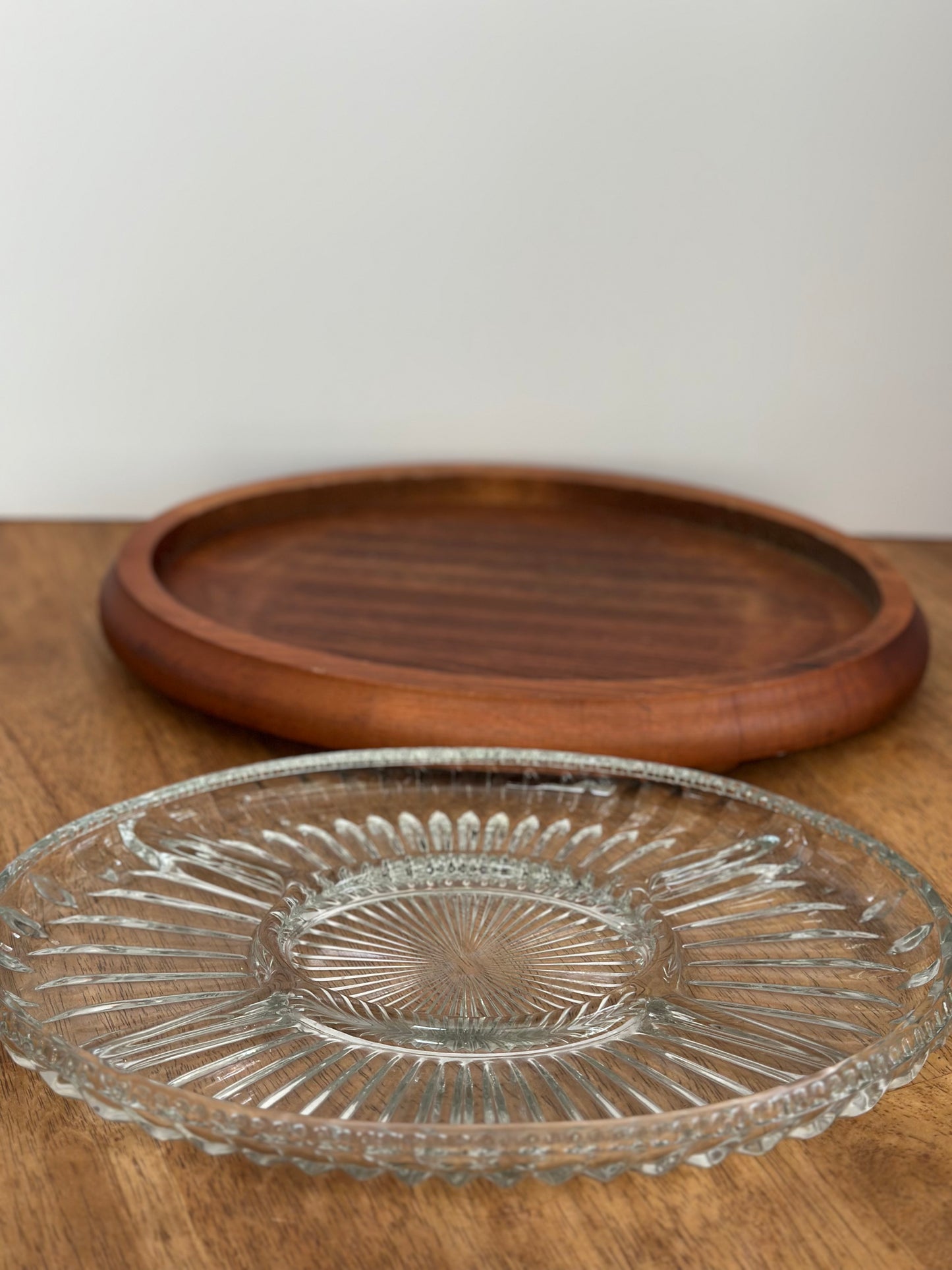 Vintage Wood/Glass Oval Serving Tray