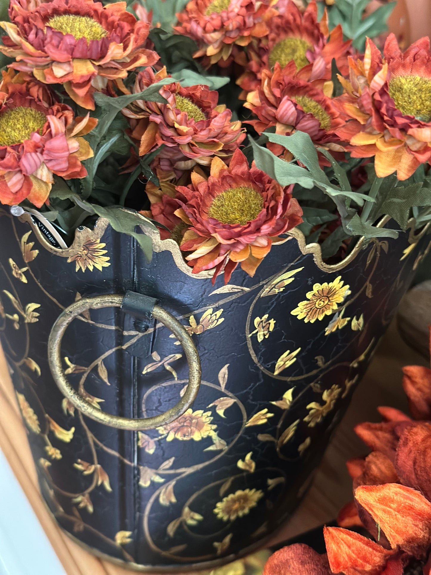 Yellow Floral Tole Cachepot Metal Planter