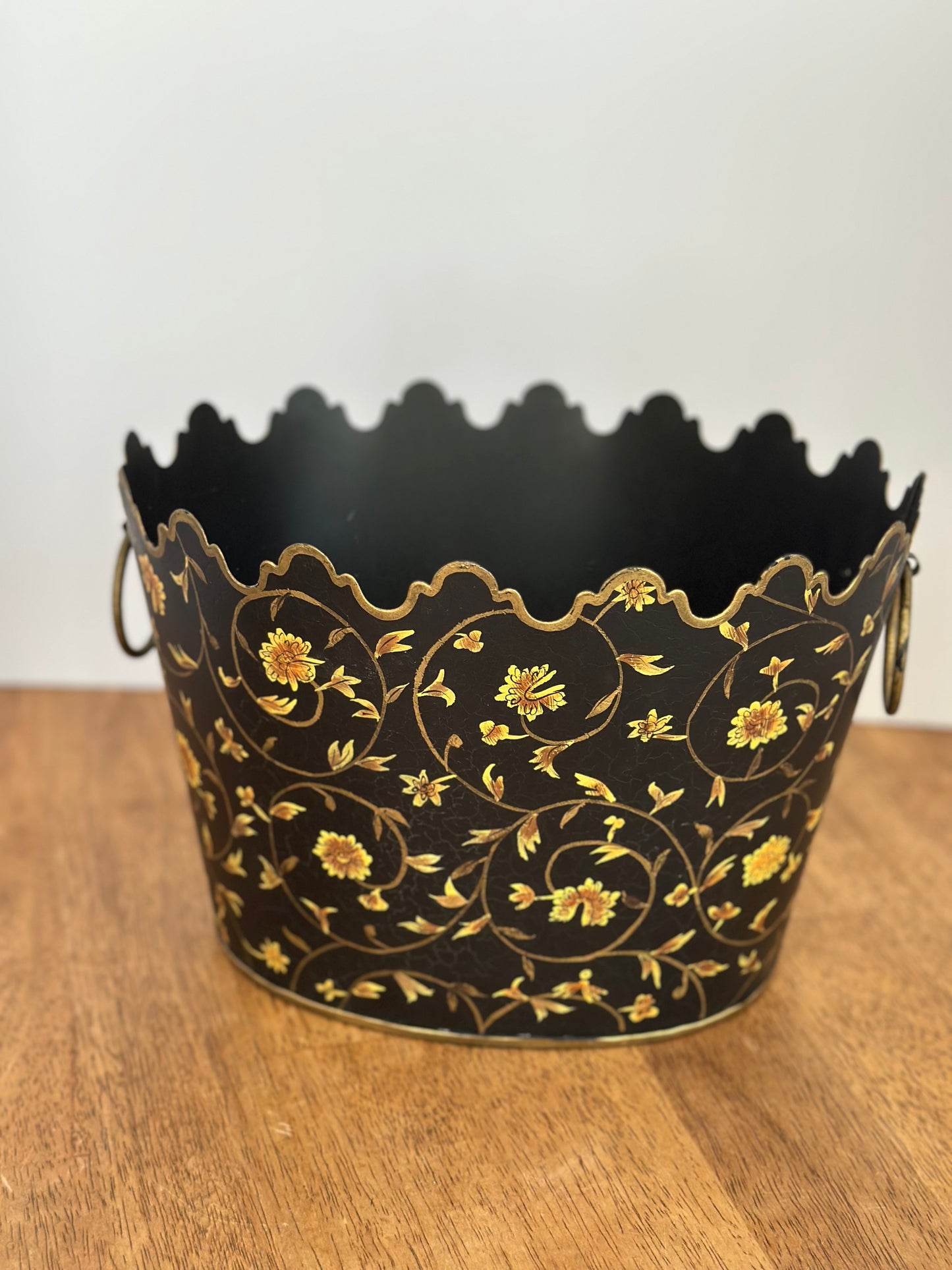 Yellow Floral Tole Cachepot Metal Planter