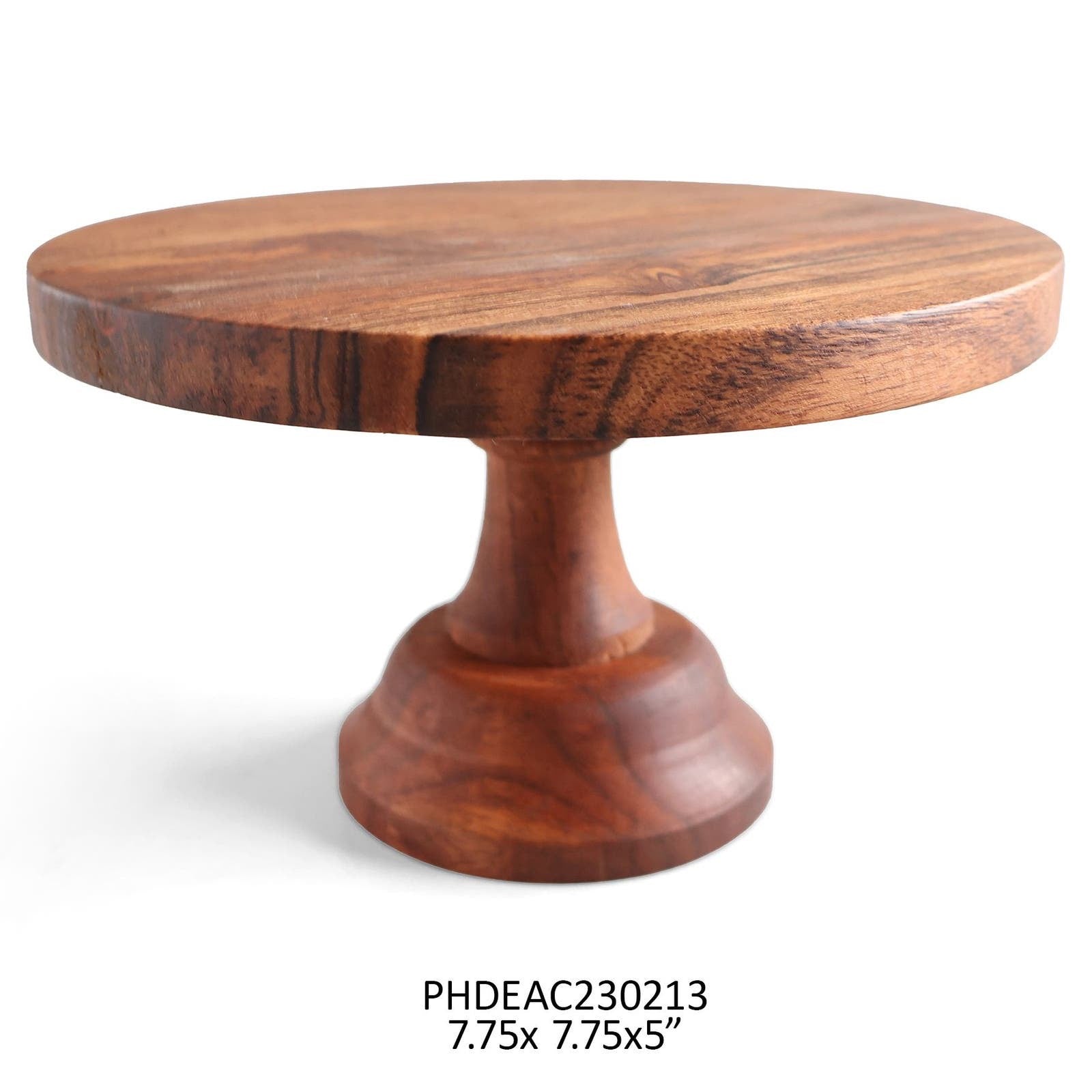Small wooden cake stand with modern design and olive oil finish, measuring 7.75x7.75x5 inches. Perfect for displaying cakes and desserts.