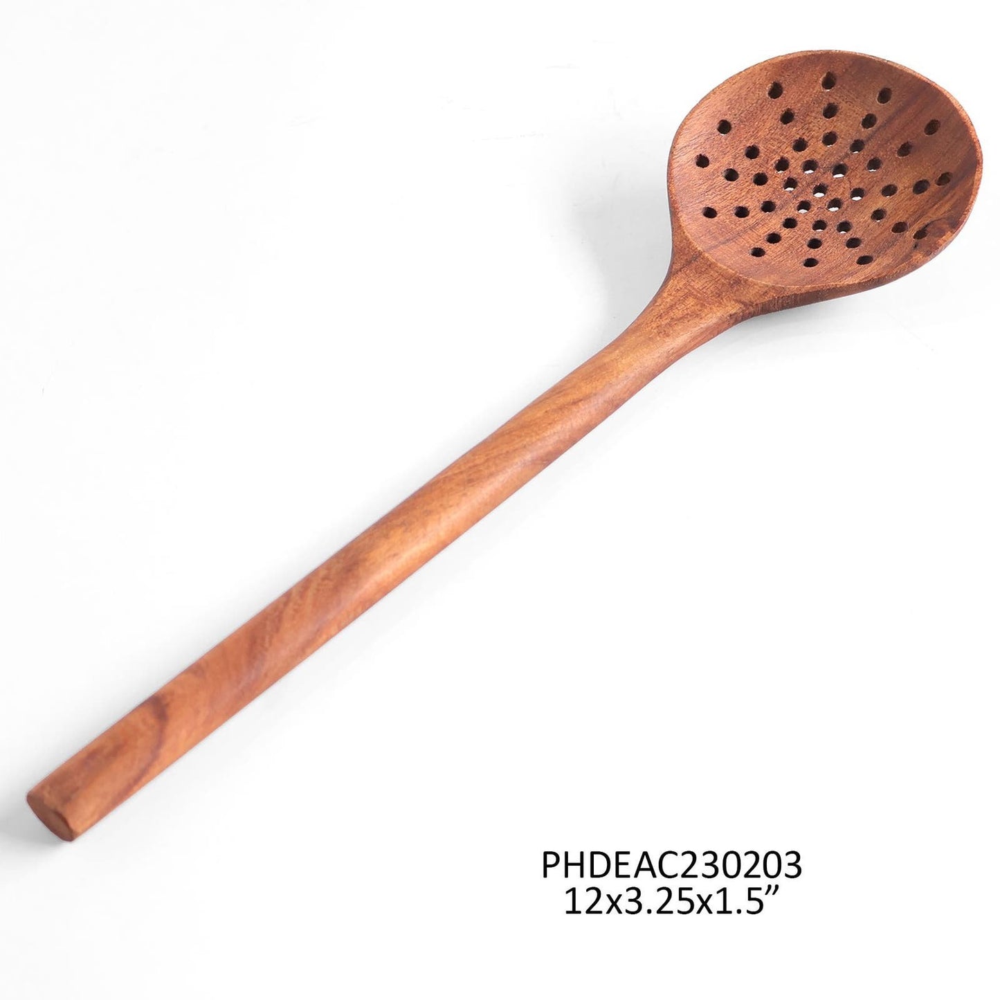 Handcrafted wooden straining spoon with perforated design, measuring 12x3.25x1.5 inches. Durable and stylish kitchen tool for straining and serving.