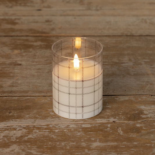 Andri Plaid Glass 3D Flame Candle - 4-inch cozy home decor with a realistic flameless glow. Elegant plaid glass design enhances any space.