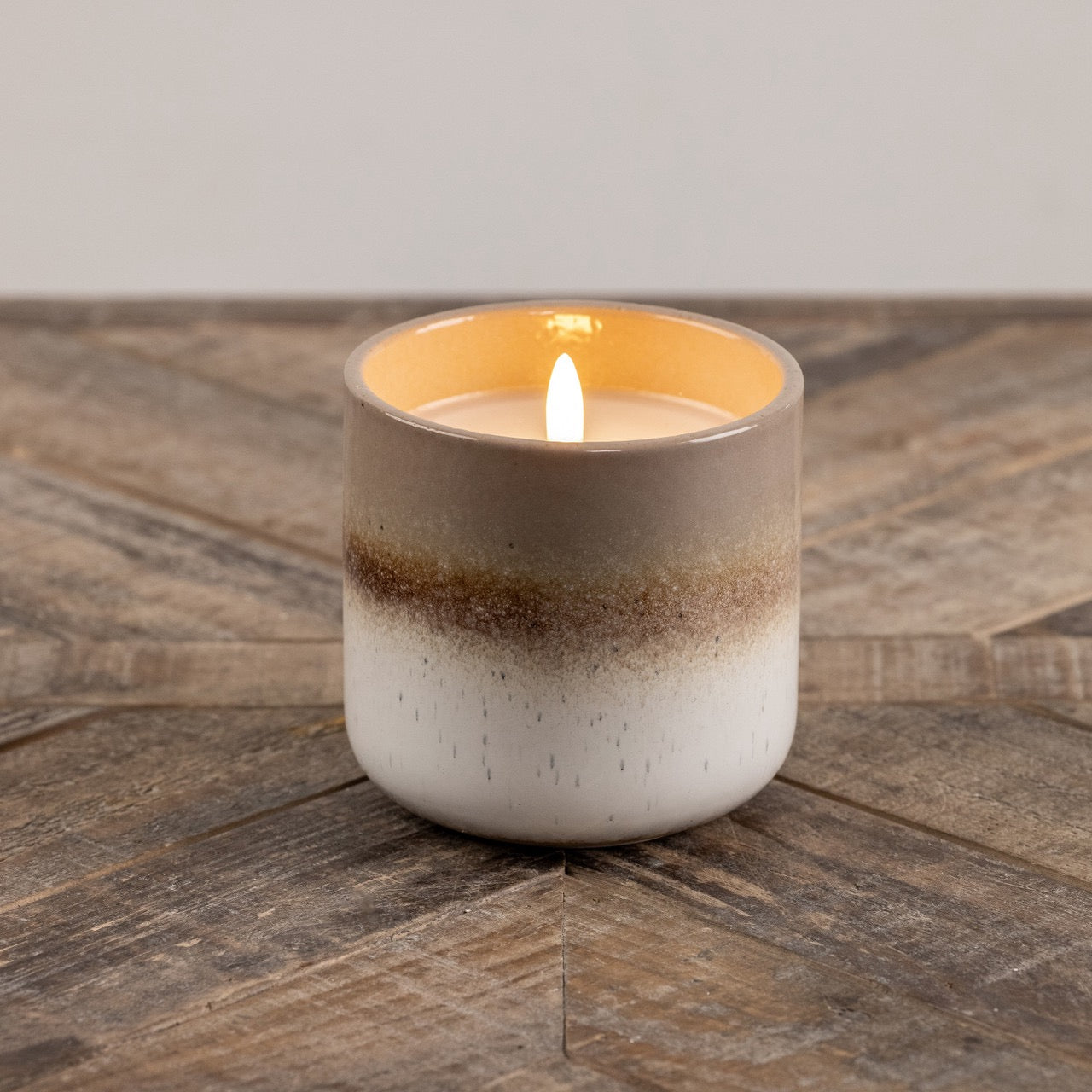 3D Flame Grey, Tan, White Ceramic Candle - 4" with a realistic flickering flame. Elegant ceramic design, perfect for home decor and ambiance.