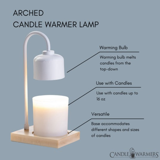 Diagram of the White & Wood Arched Candle Warmer Lamp highlighting its warming bulb, compatibility with candles up to 16 oz, and versatile base.