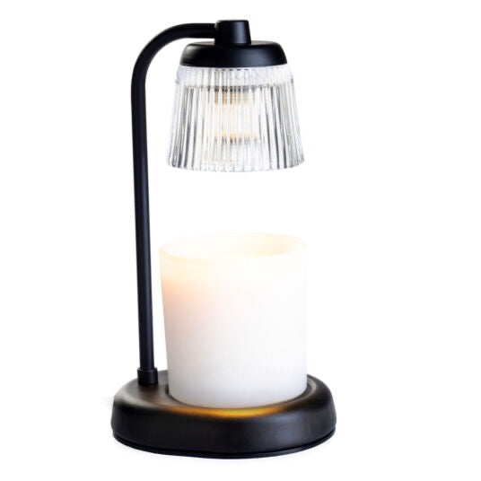 Fluted Glass Black Candle Warmer Lamp with a sleek black base and ribbed glass shade, designed to gently warm candles for a flameless fragrance experience.