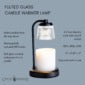 Fluted Glass Black Candle Warmer Lamp with key features highlighted, including adjustable brightness, flameless heating, and a stylish modern design.