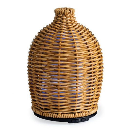 Wicker Vase Ultra Sonic Diffuser with woven rattan design and LED lighting, ideal for home fragrance. Stylish decor piece for aromatherapy enthusiasts.