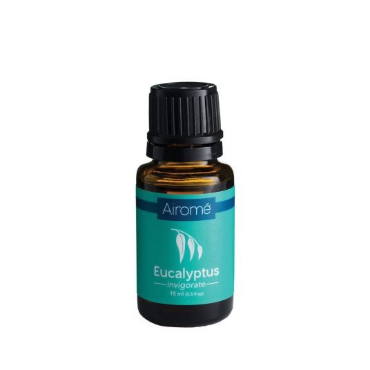 Airomé Eucalyptus Essential Oil in a 15ml amber glass bottle with a black cap, labeled for invigorating aromatherapy benefits.