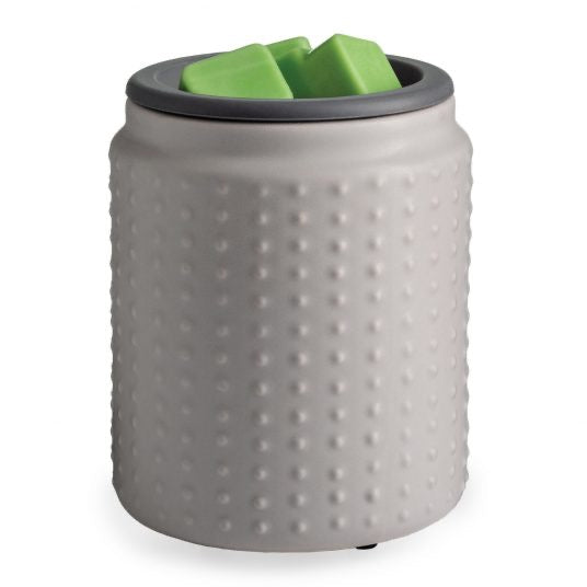 Gray Hobnail Flip Dish Wax Warmer with a textured hobnail design, holding green wax melts. Stylish home fragrance accessory for effortless scent diffusion.