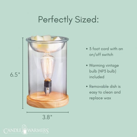 Dimensions and features of the wood and glass vintage bulb illumination fragrance warmer, including a 3-foot cord, removable dish, and vintage-style bulb.