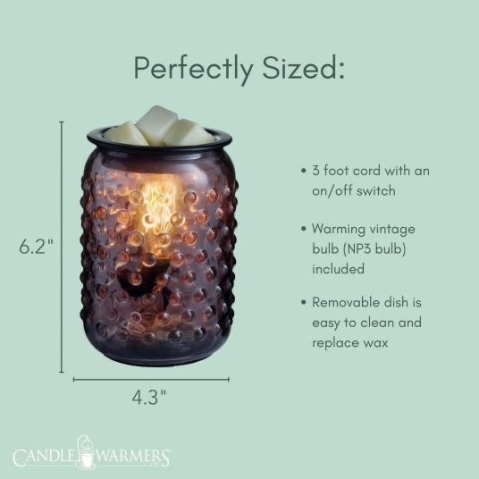 Smokey Hobnail Vintage Bulb Illumination Fragrance Warmer with dimensions and features, including a 3-foot cord and removable dish.