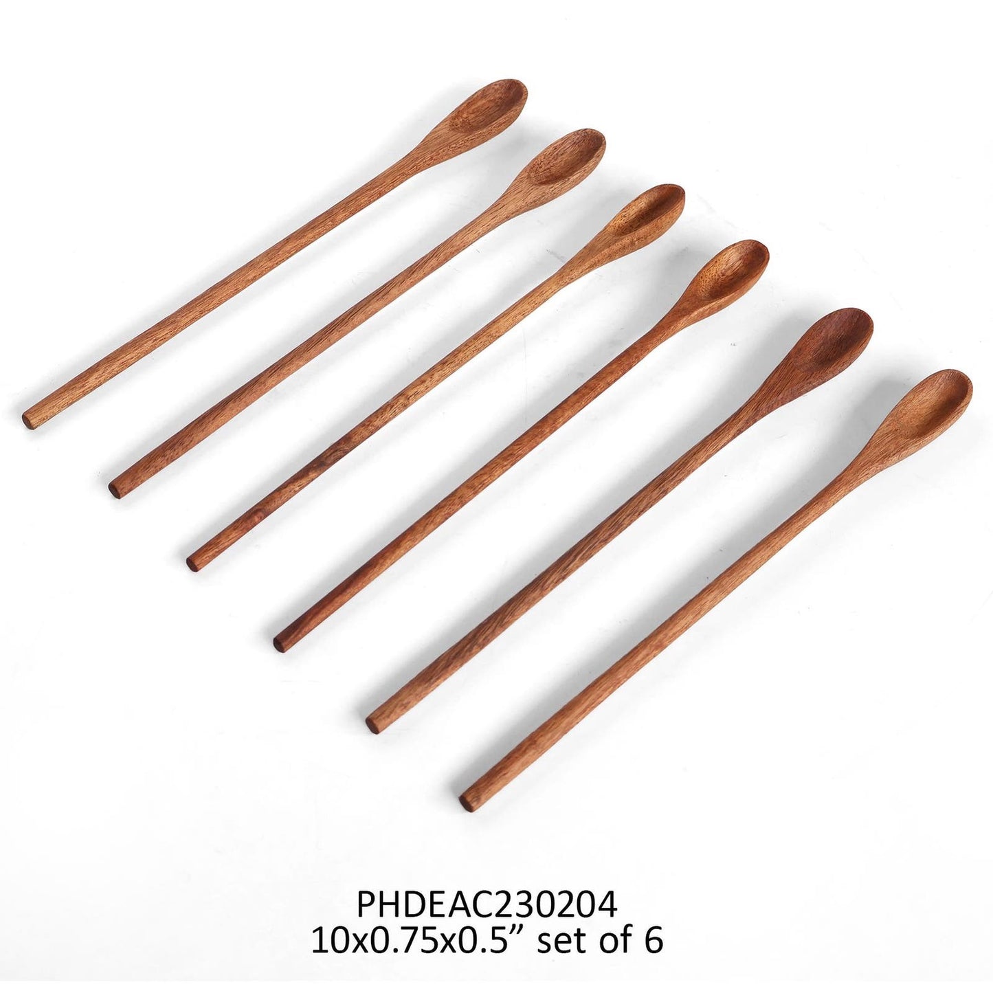 Set of 6 wooden ice tea spoons with dimensions 10x0.75x0.5 inches, displayed on a white background. Great for kitchen and dining use.