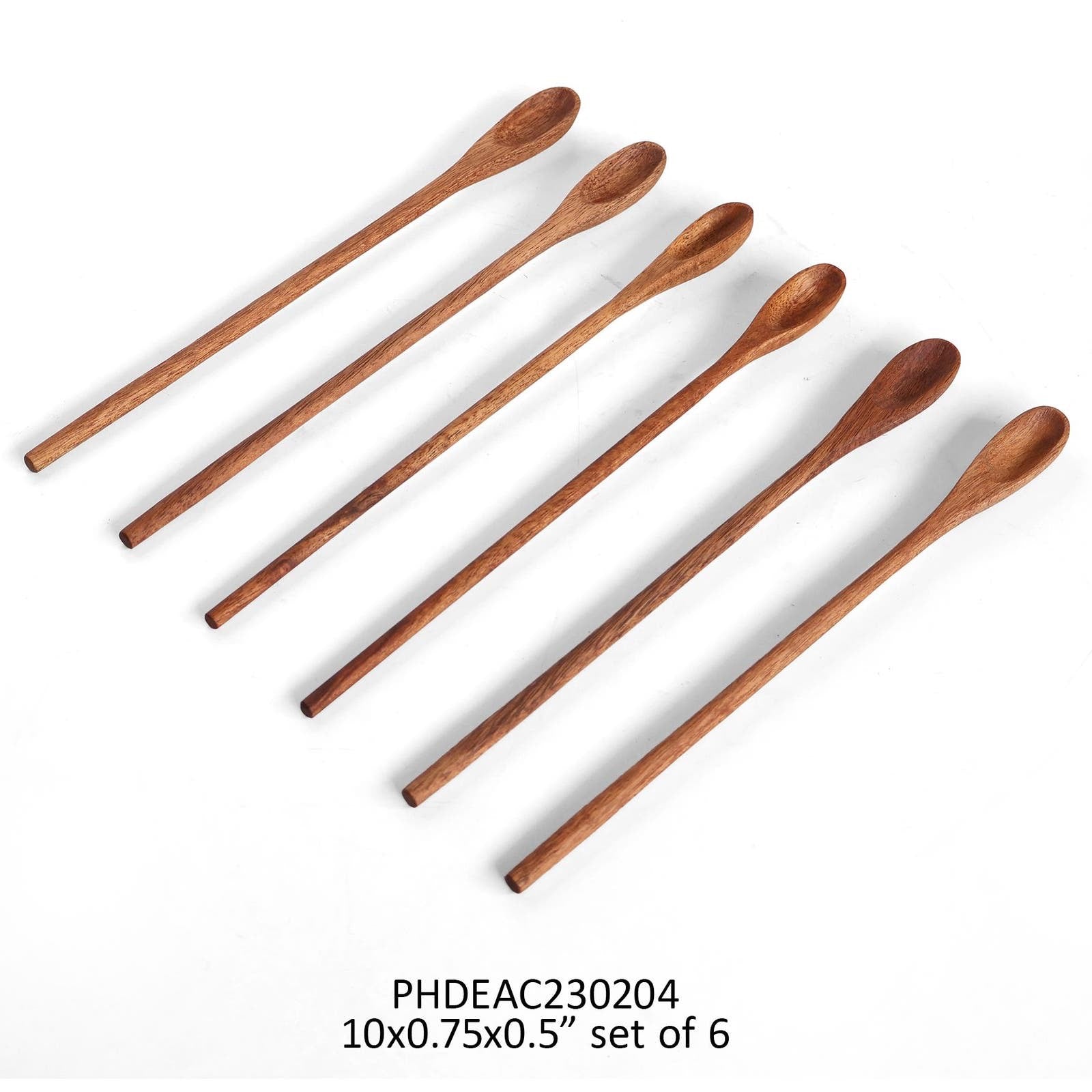 Set of 6 wooden ice tea spoons with dimensions 10x0.75x0.5 inches, displayed on a white background. Great for kitchen and dining use.